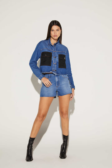 BERMUDA FEMININA DETALHE SILK JEANS ONCA PRETA