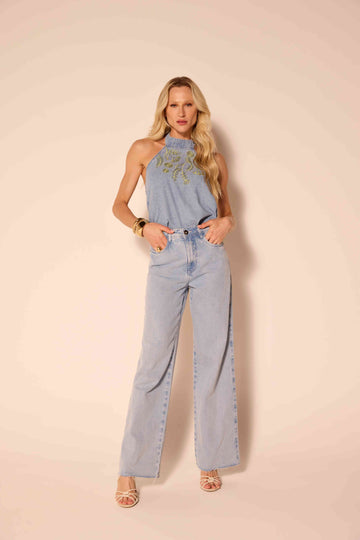 BLUSA FEMININA FRENTE UNICA COM BORDADO FRONTAL JEANS ONCA PRETA