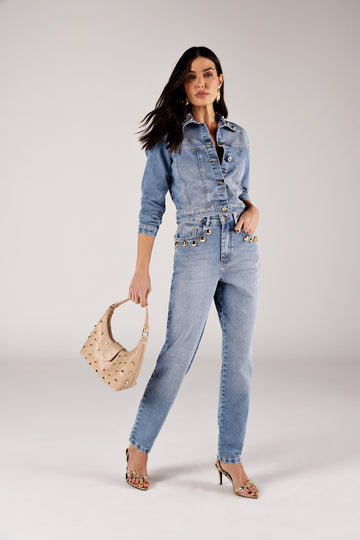 CALÇA MOM FEMININA BORDADO BOLAS FRONTAIS JEANS ONÇA PRETA