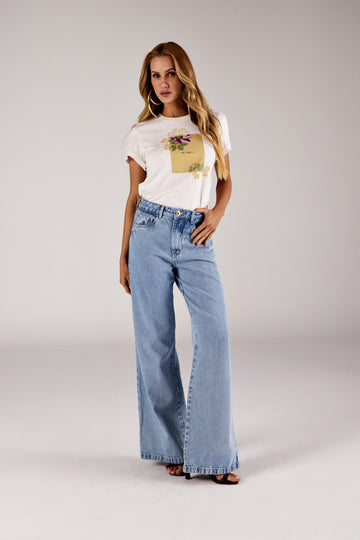CALÇA WIDELEG FEMININA JEANS ONÇA PRETA