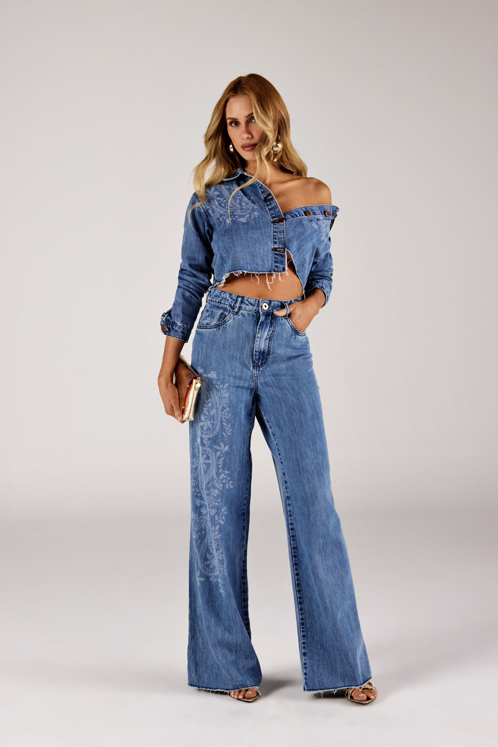 CALÇA WIDELEG FEMININA LASER JEANS ONÇA PRETA