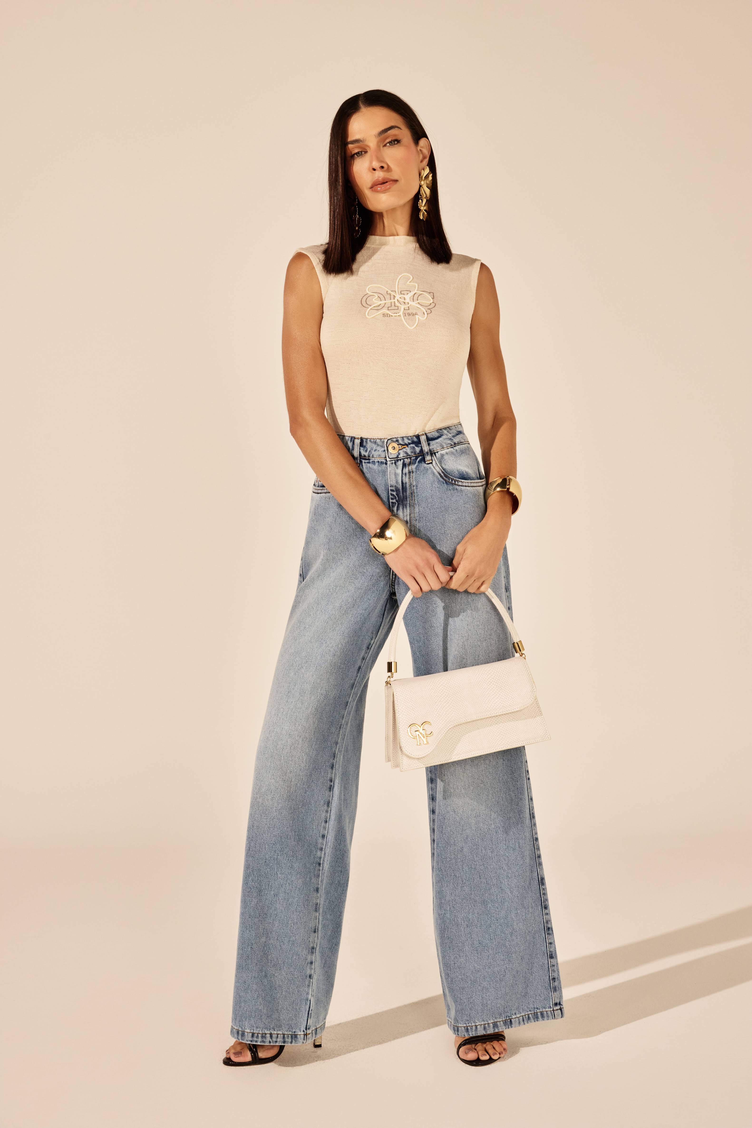CALÇA WIDELEG FEMININA BORDADO BOLSO RELOGIO JEANS ONÇA PRETA