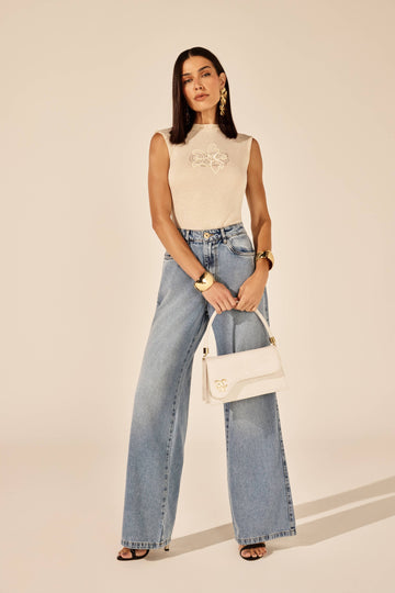 CALÇA WIDELEG FEMININA BORDADO BOLSO RELOGIO JEANS ONÇA PRETA
