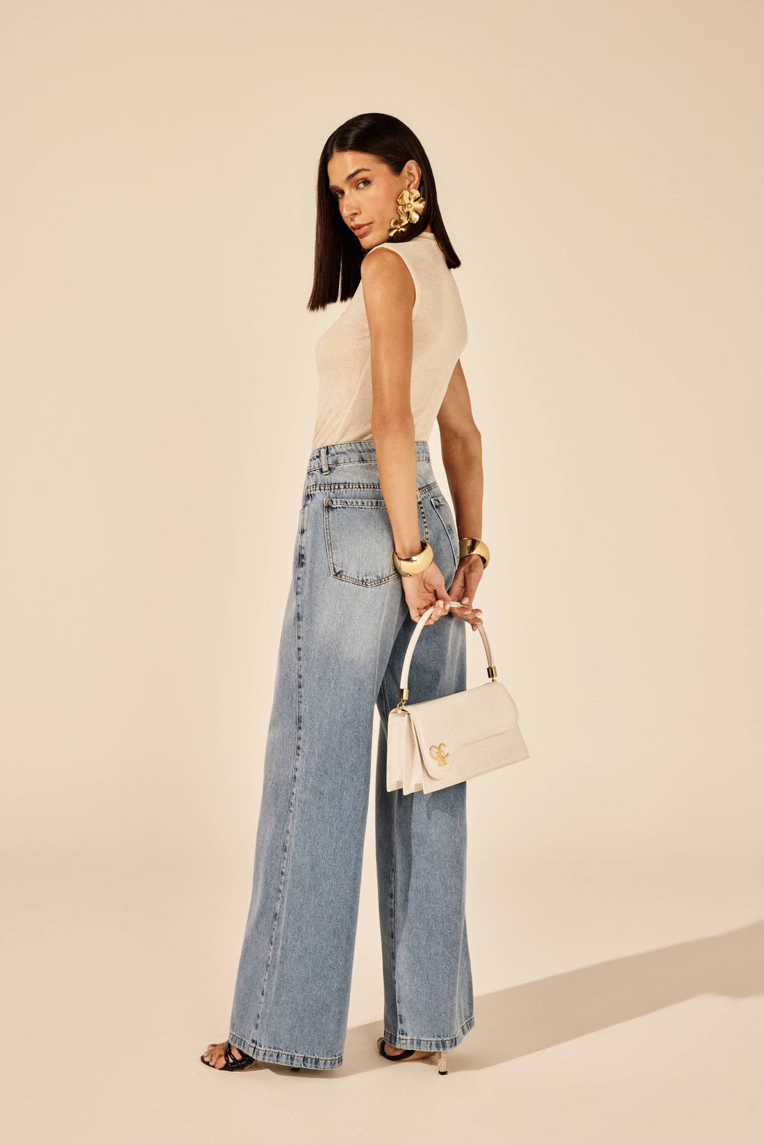 CALÇA WIDELEG FEMININA BORDADO BOLSO RELOGIO JEANS ONÇA PRETA