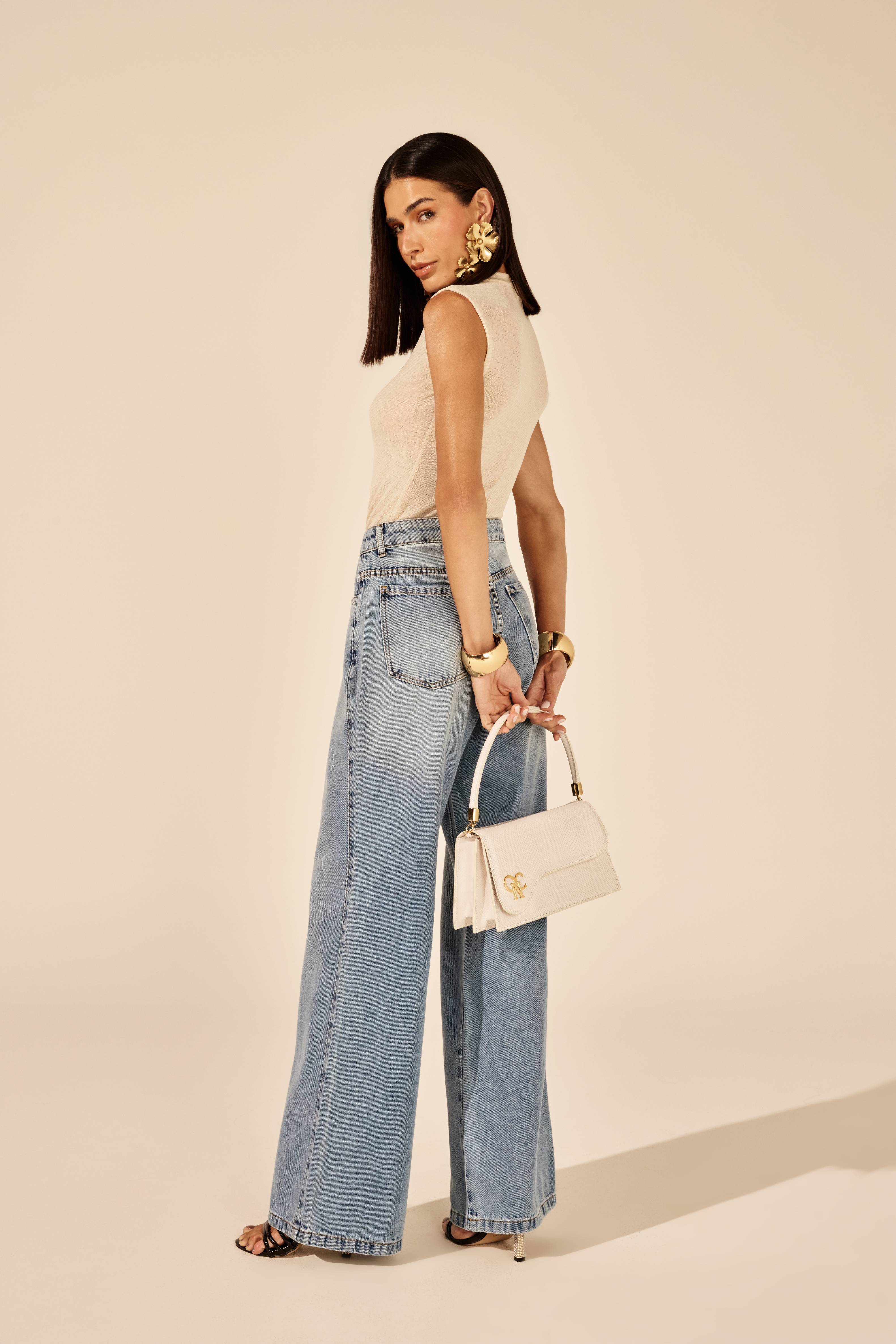 CALÇA WIDELEG FEMININA BORDADO BOLSO RELOGIO JEANS ONÇA PRETA