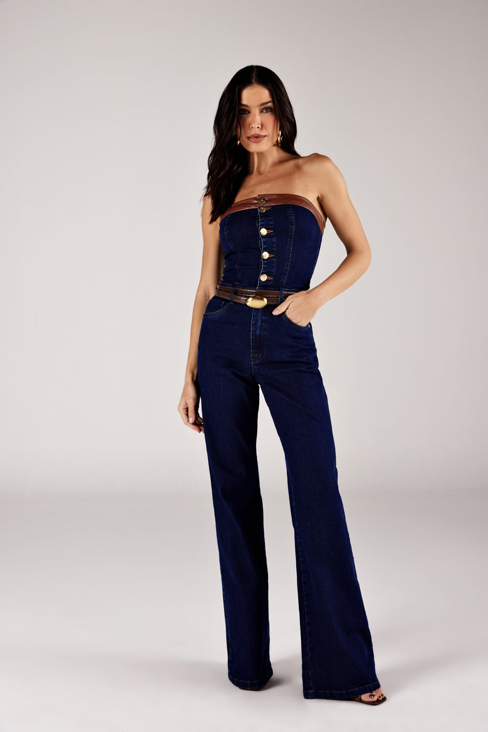 MACACÃO  FEMININO CÓS COURO CROCO JEANS ONÇA PRETA