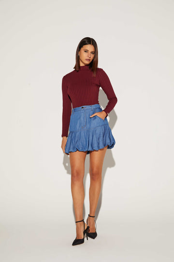 SAIA FEMININA CURTA BARRA BALONE JEANS ONCA PRETA