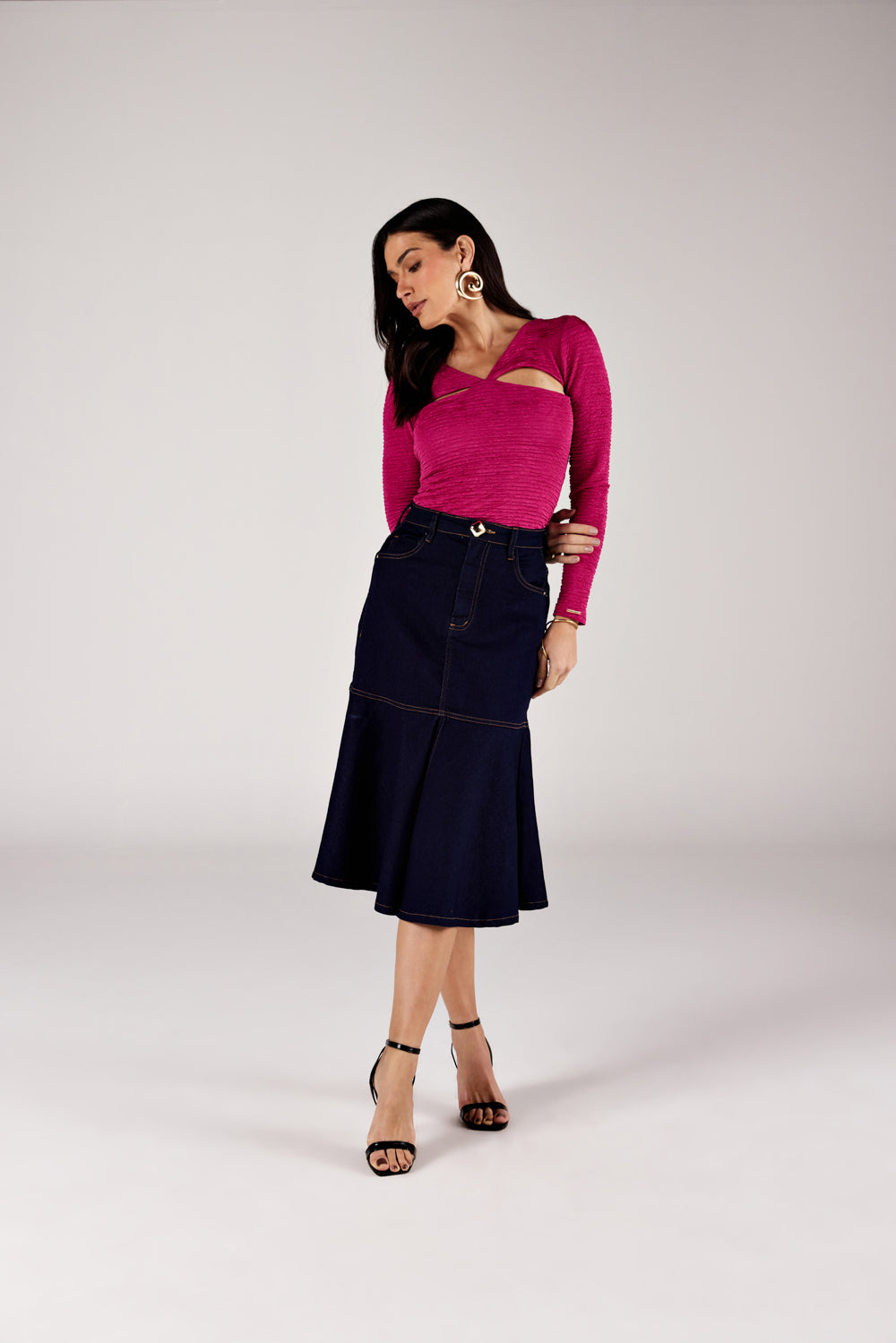 SAIA MIDI FEMININA RECORTE GODE JEANS ONÇA PRETA