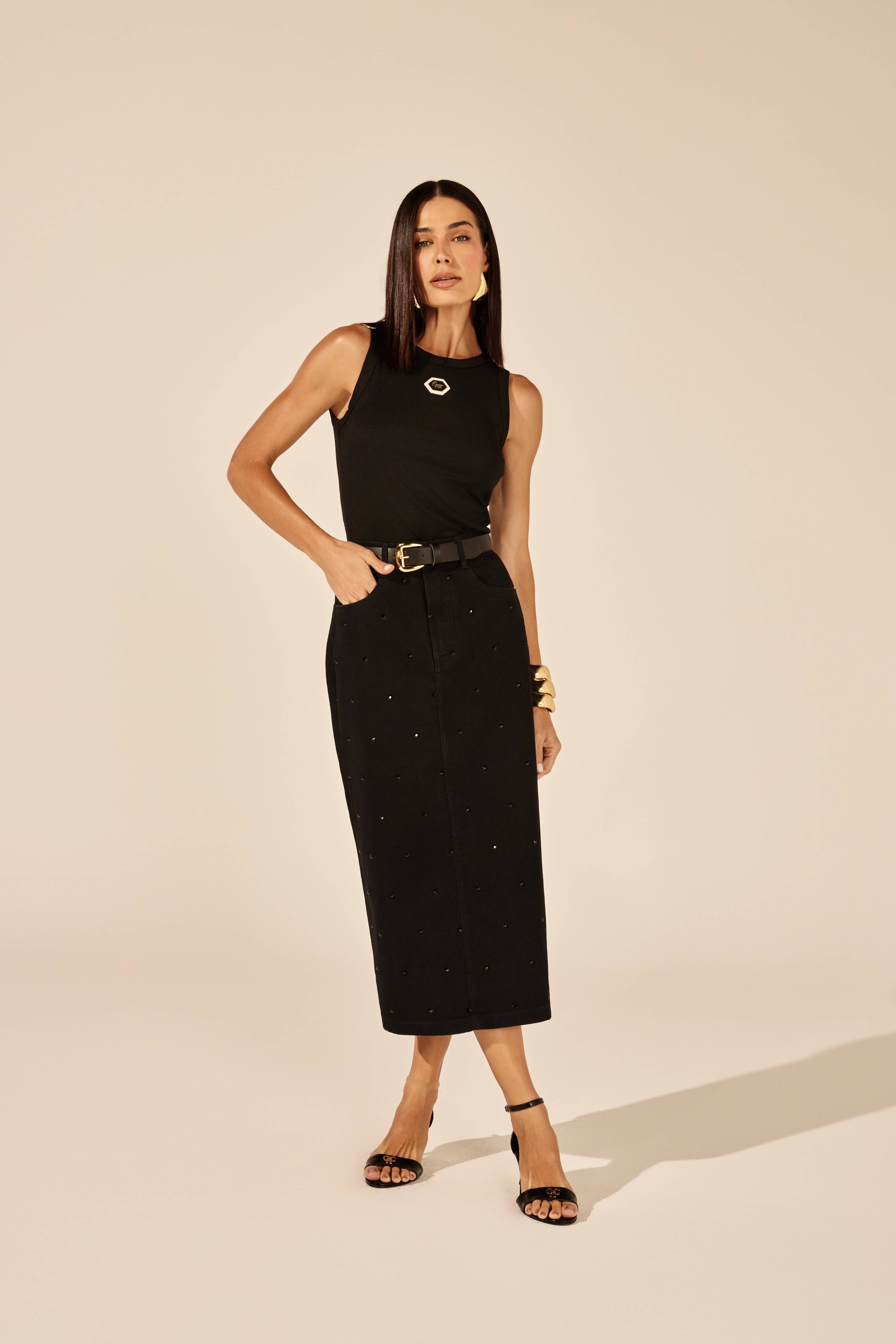SAIA MIDI JEANS STRASS PRETO