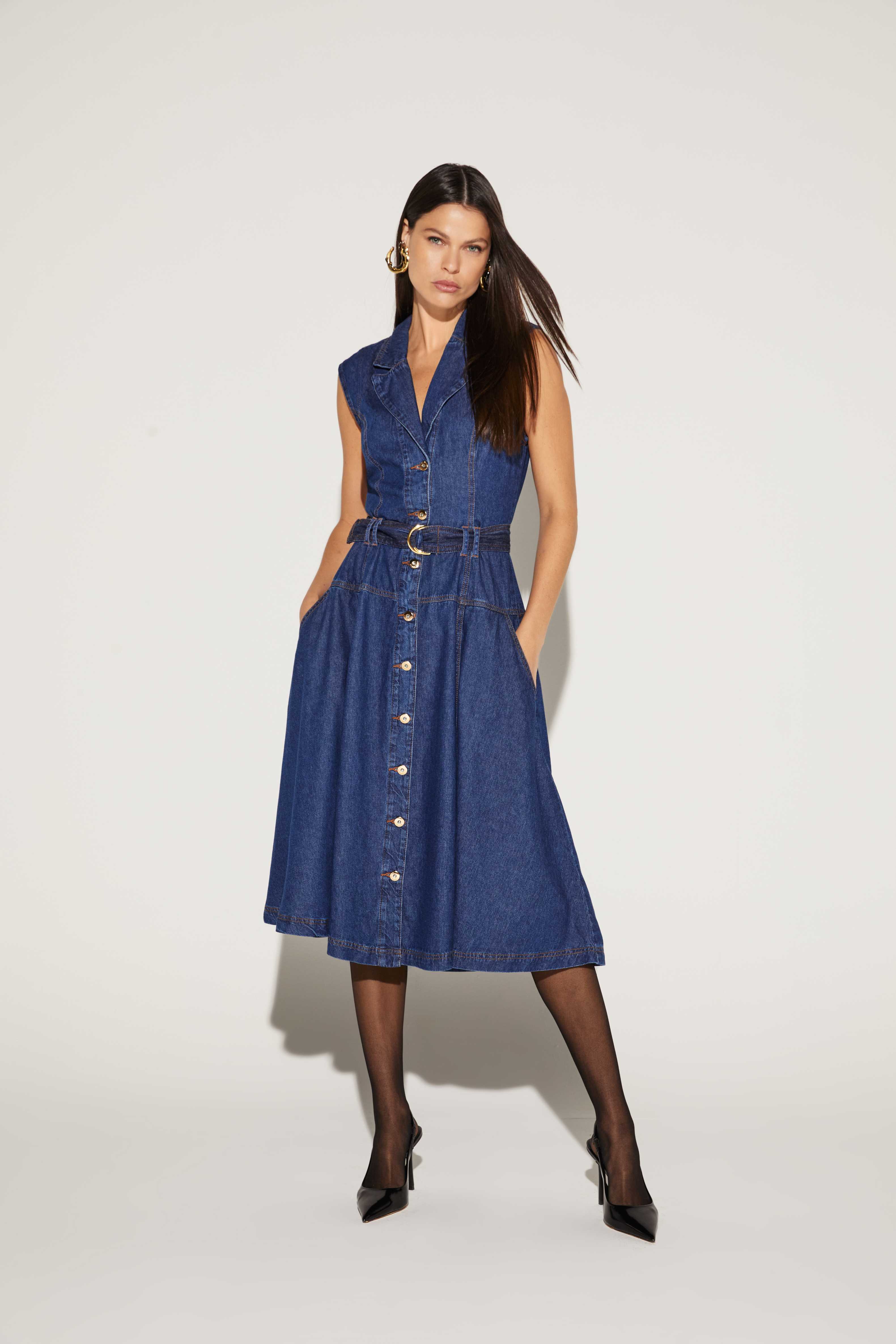 VESTIDO FEMININO SUPER MIDI RECORTES JEANS ONCA PRETA