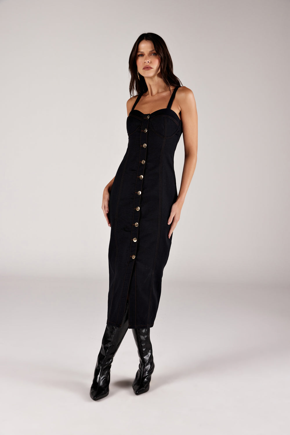 VESTIDO MIDI FEMININO CORSELET DE ALÇA JEANS ONÇA PRETA
