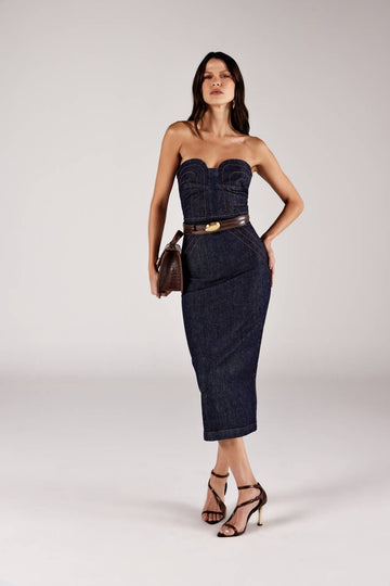 VESTIDO MIDI JEANS AMACIADO DECOTE CORAÇÃO