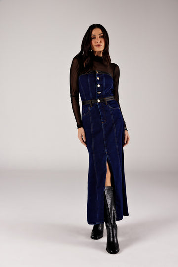 VESTIDO MIDI FEMININO TOMARA QUE CAIA FENDA FRONTAL JEANS ONÇA PRETA
