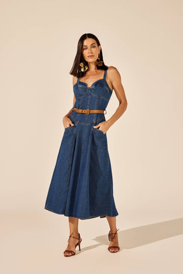 VESTIDO MIDI EVASÊ CORSELET JEANS AZUL