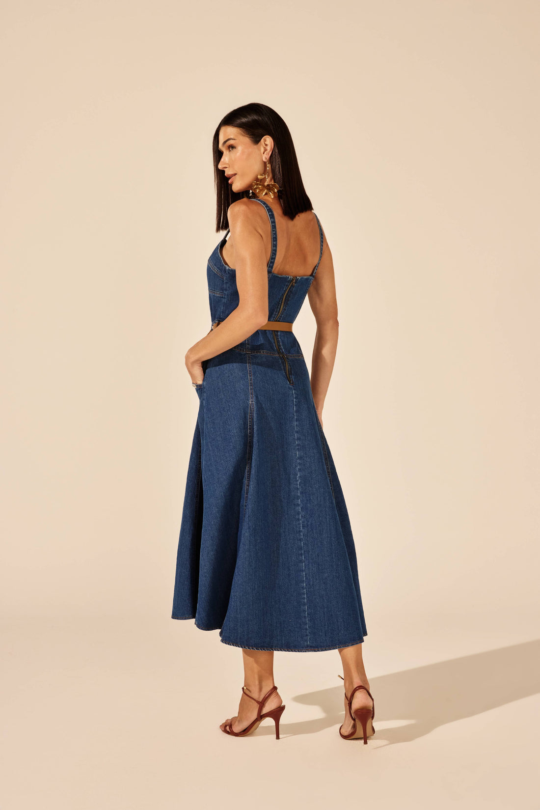 VESTIDO MIDI EVASÊ CORSELET JEANS AZUL