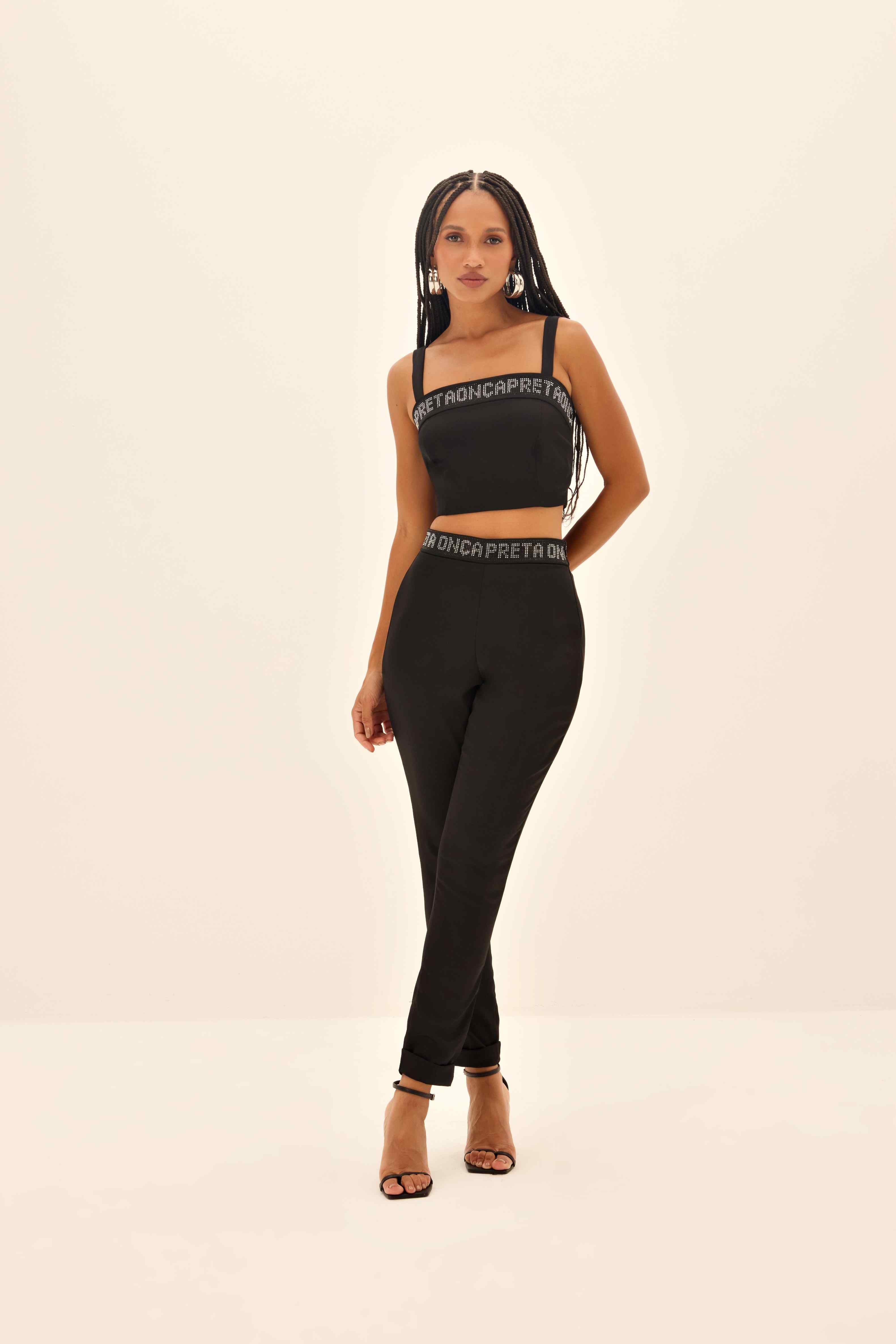 CALÇA AJUSTADA FEMININA CÓS STRASS LOGOMANIA ONÇA PRETA