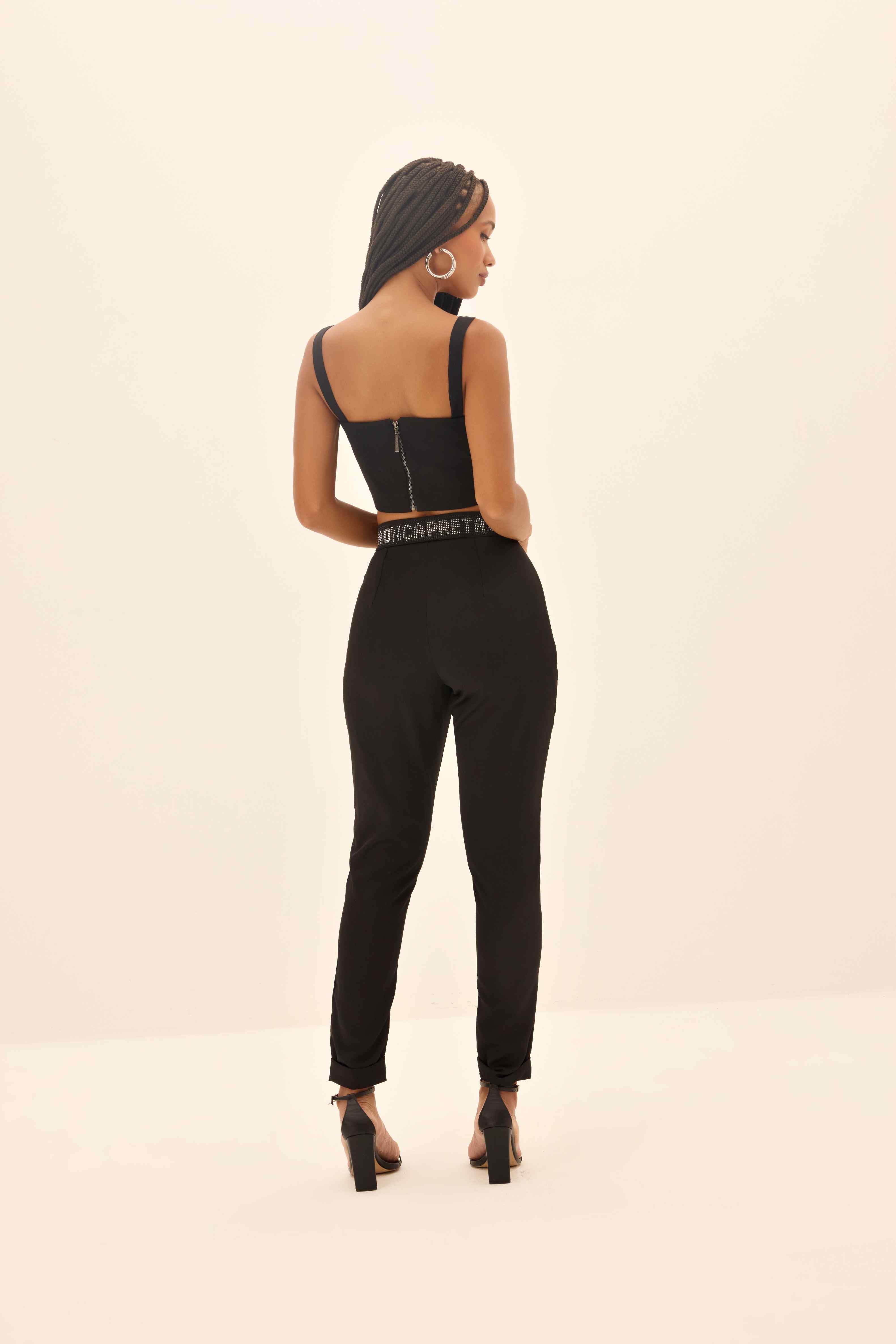 CALÇA AJUSTADA FEMININA CÓS STRASS LOGOMANIA ONÇA PRETA