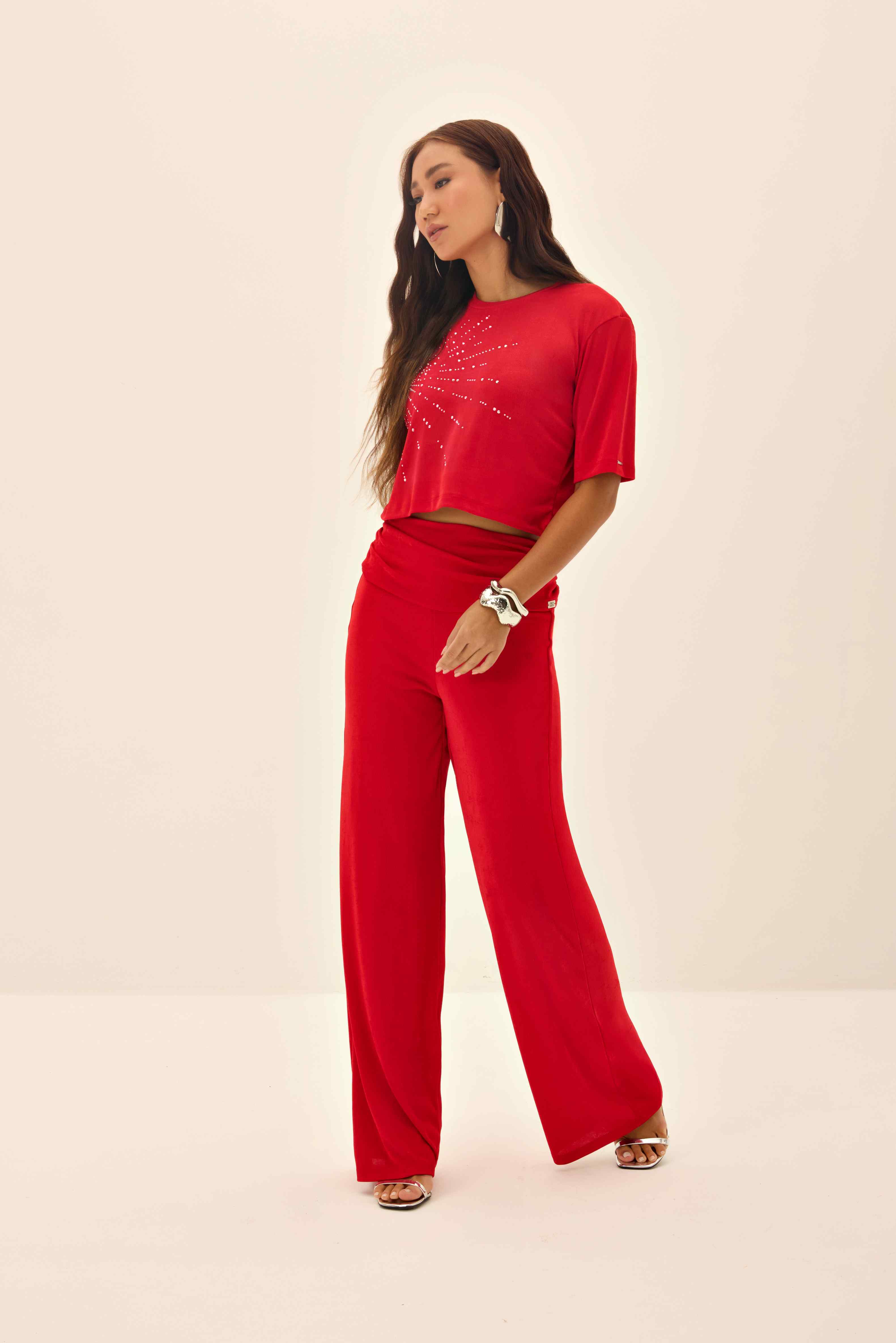 CALÇA FEMININA WIDELEG FRANZIDO LATERAL ONCA PRETA