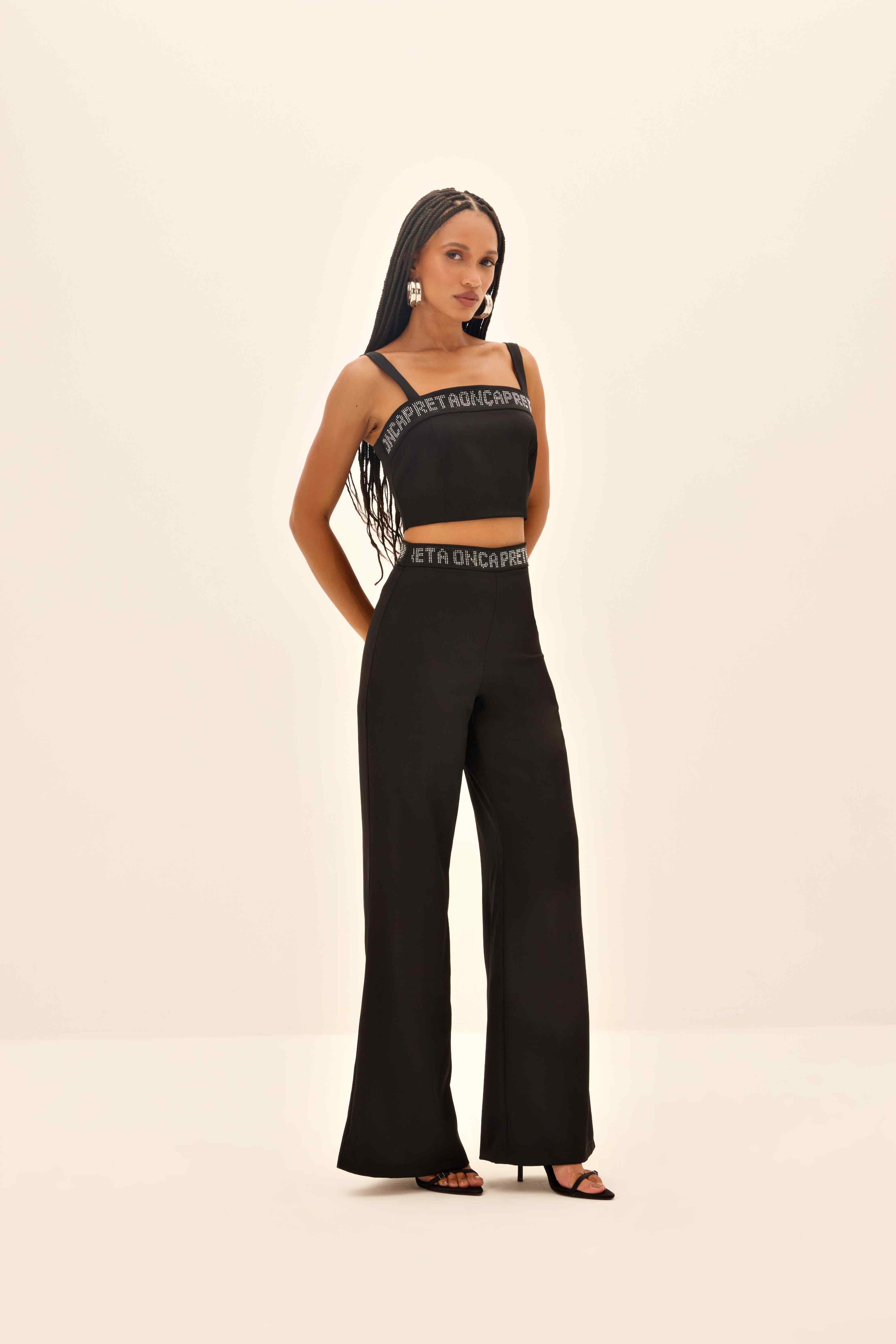 CALÇA WIDE FEMININA CÓS STRASS LOGOMANIA ONÇA PRETA
