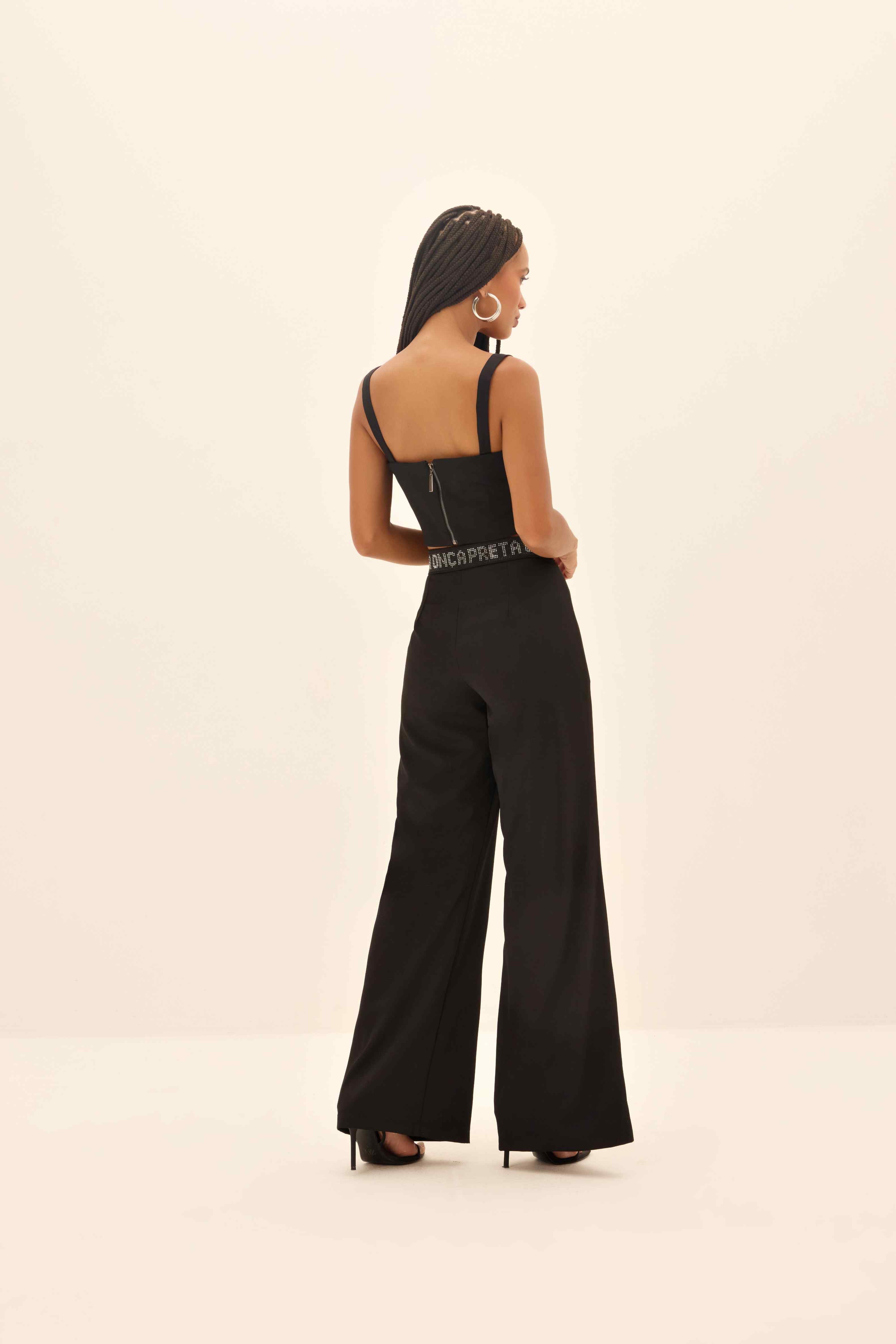 CALÇA WIDE FEMININA CÓS STRASS LOGOMANIA ONÇA PRETA