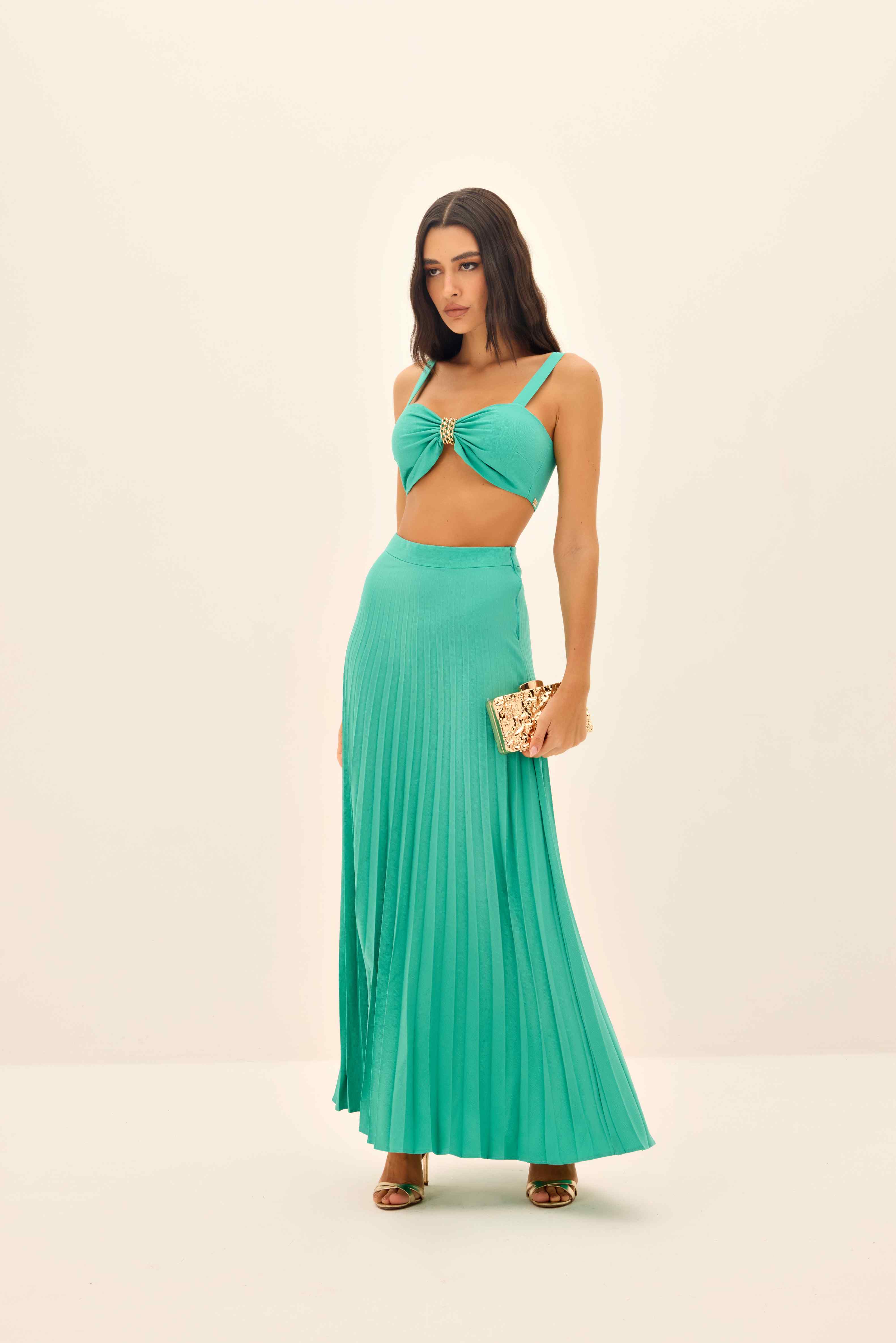 SAIA LONGA FEMININO PLISSADA ONCA PRETA