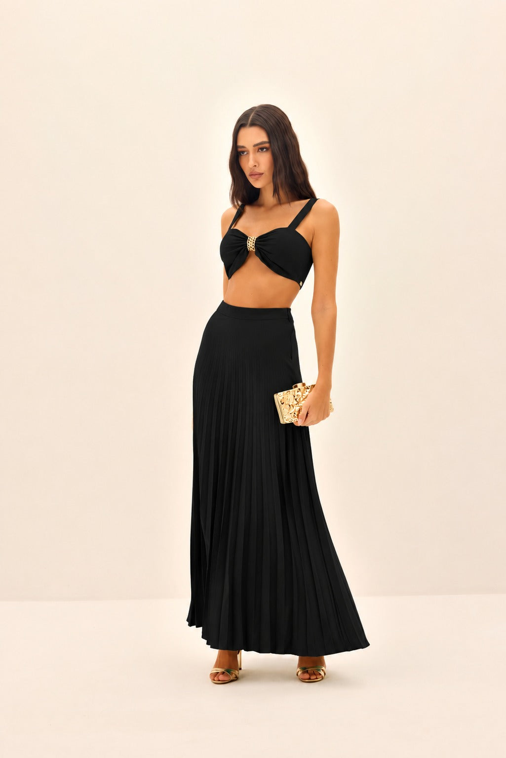 SAIA LONGA FEMININO PLISSADA ONCA PRETA