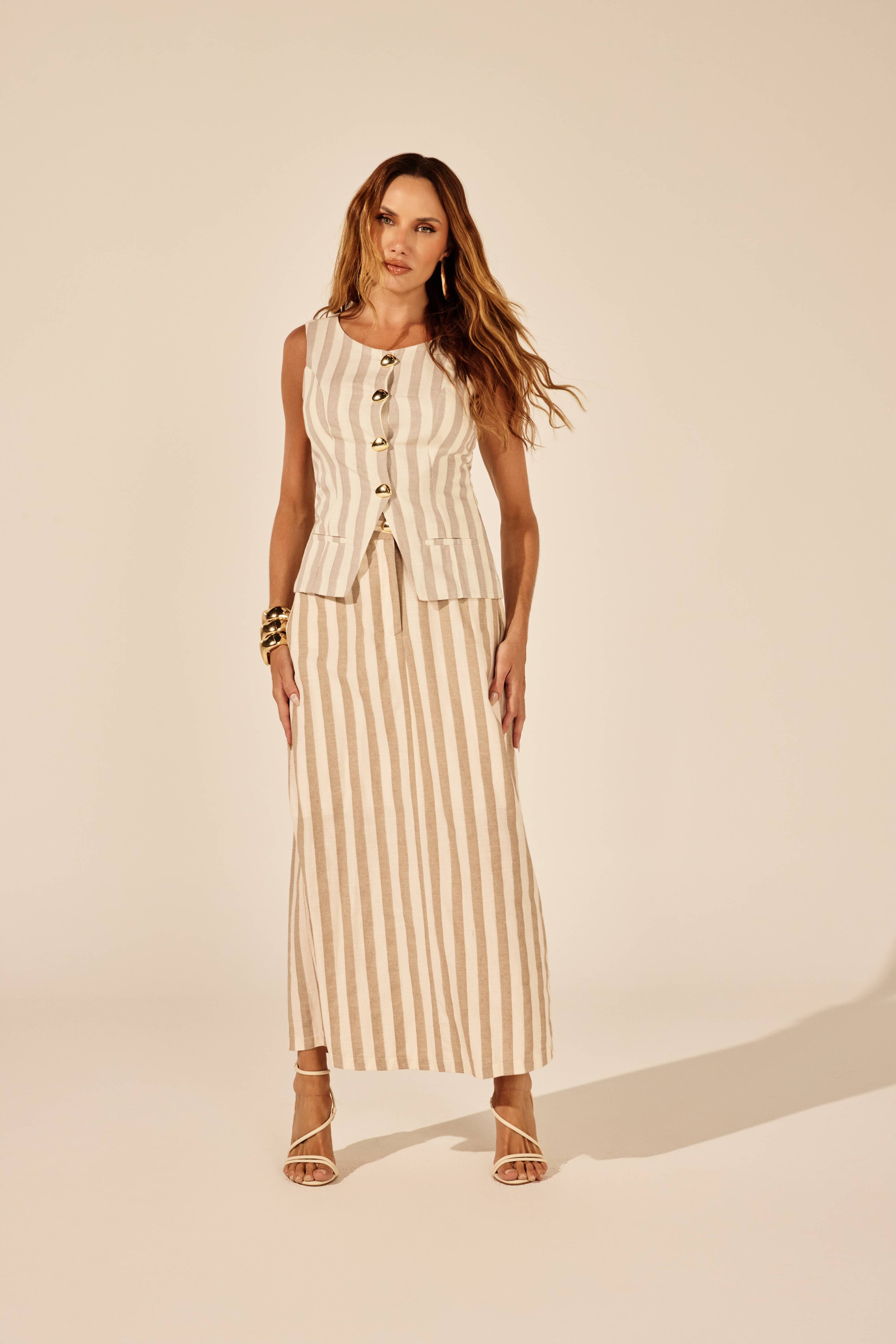 SAIA ALFAIATARIA LISTRADA BEGE E OFF WHITE