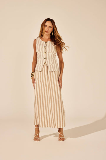 SAIA ALFAIATARIA LISTRADA BEGE E OFF WHITE