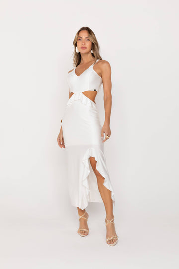 VESTIDO SUPER MIDI FENDA BABADO ONCA PRETA