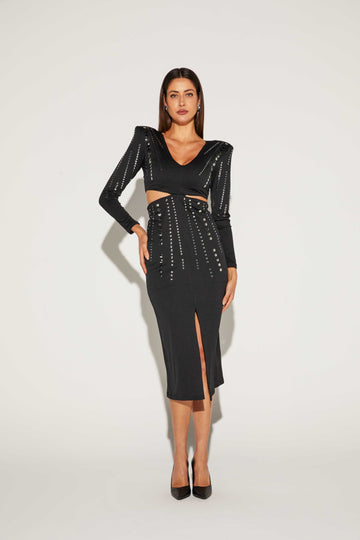VESTIDO FEMININO SUPER MIDI TACHAS ONCA PRETA