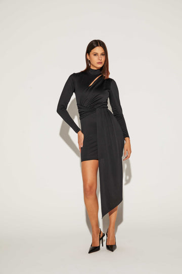 VESTIDO FEMININO CURTO TRANSPASSADO CUT OFF ONCA PRETA