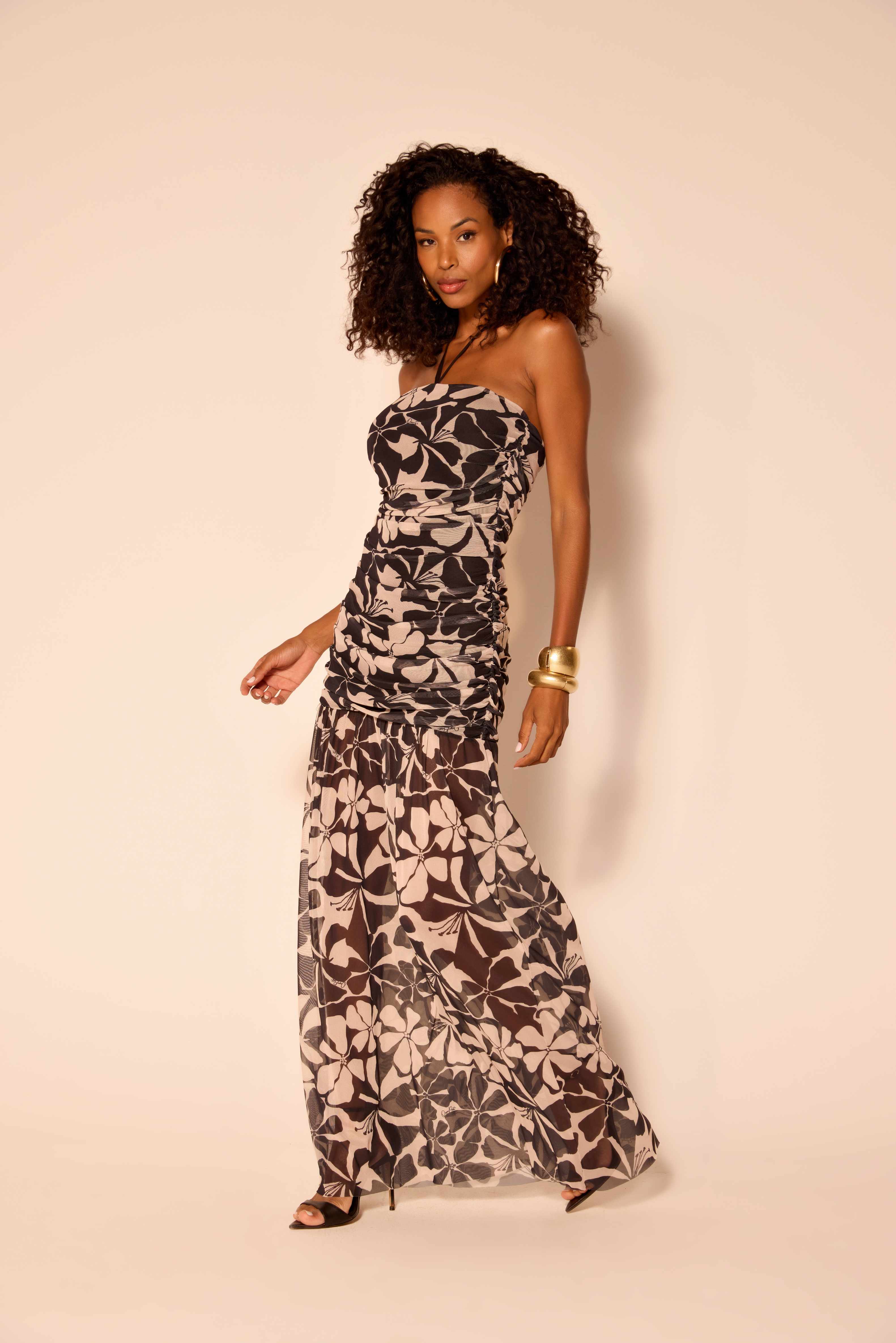 VESTIDO LONGO FEMININO FRANZIDO ESTAMPADO ONÇA PRETA