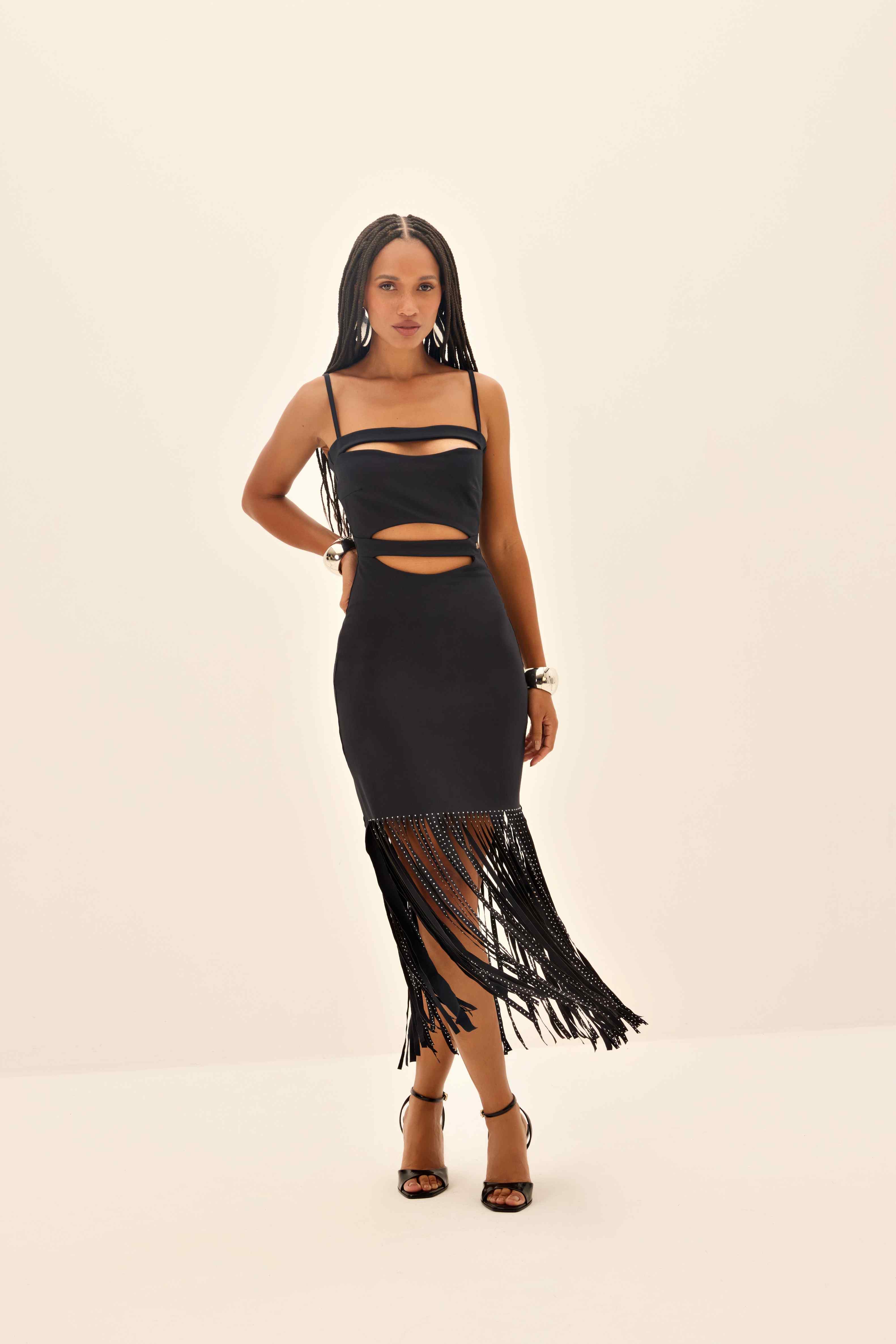 VESTIDO FEMININO MIDI FRANJAS STRASS ONCA PRETA