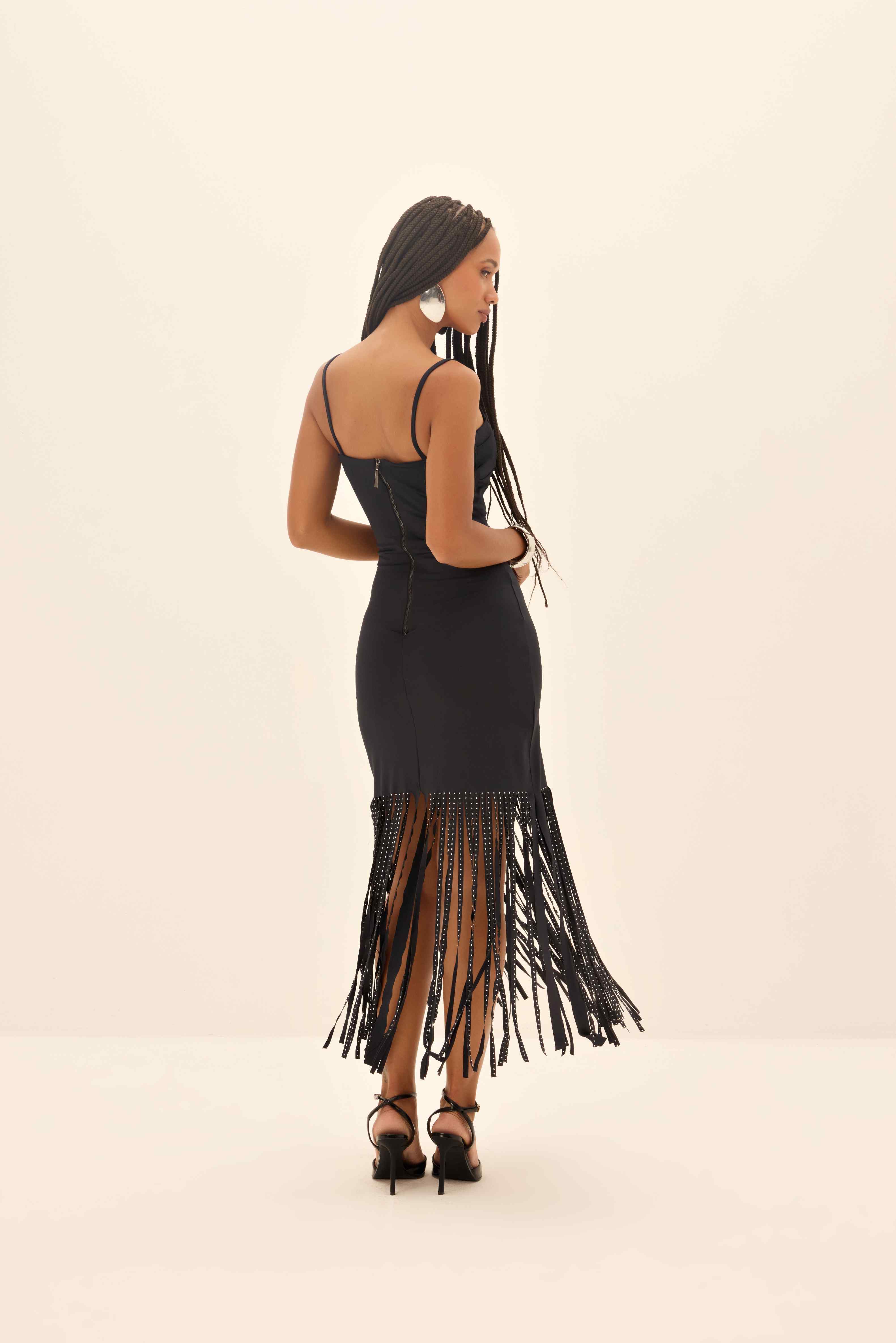 VESTIDO FEMININO MIDI FRANJAS STRASS ONCA PRETA
