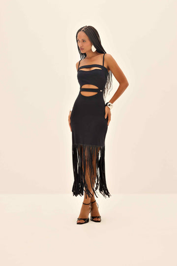 VESTIDO FEMININO MIDI FRANJAS STRASS ONCA PRETA