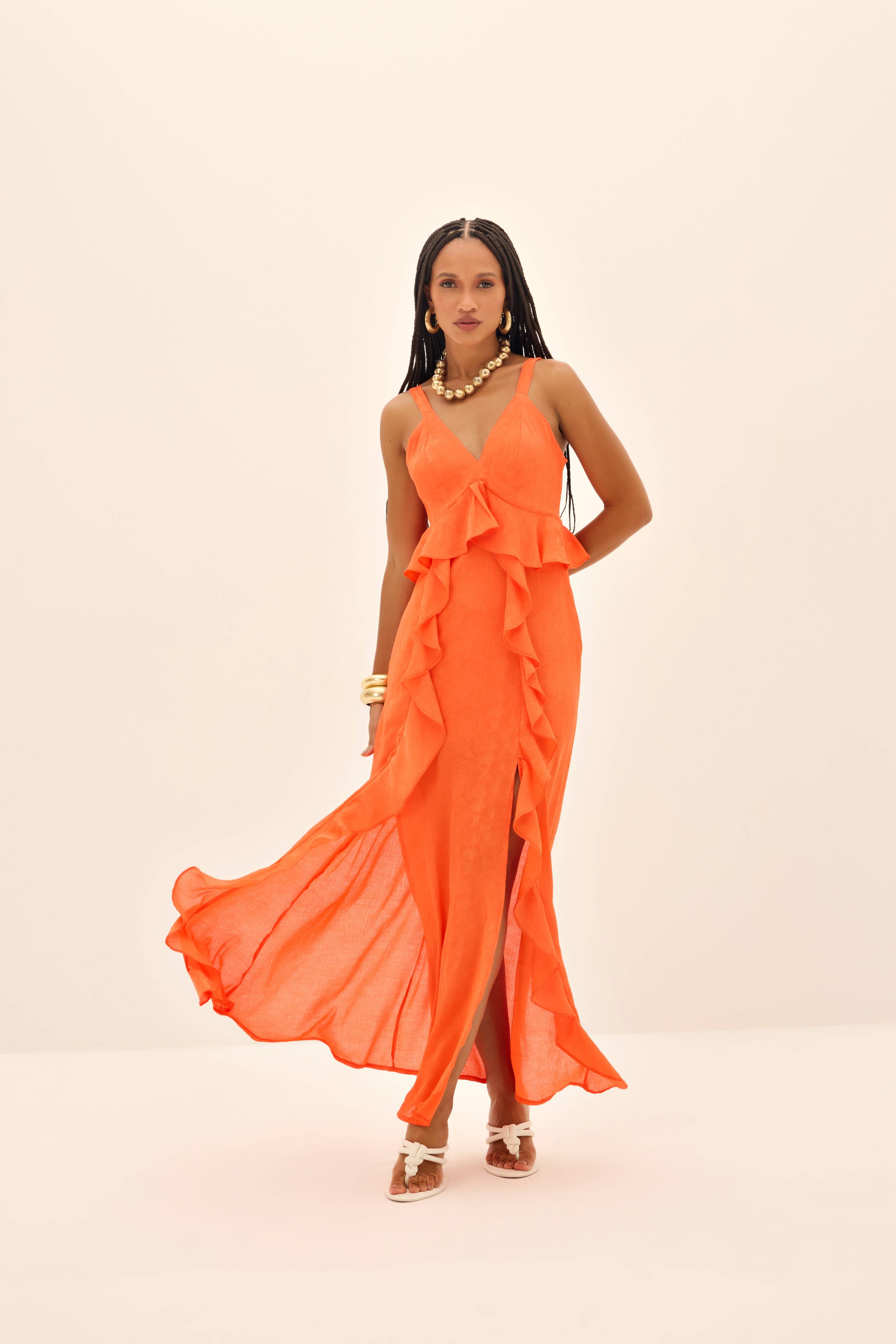 VESTIDO LONGO BABADOS FRONTAIS DE ALÇA