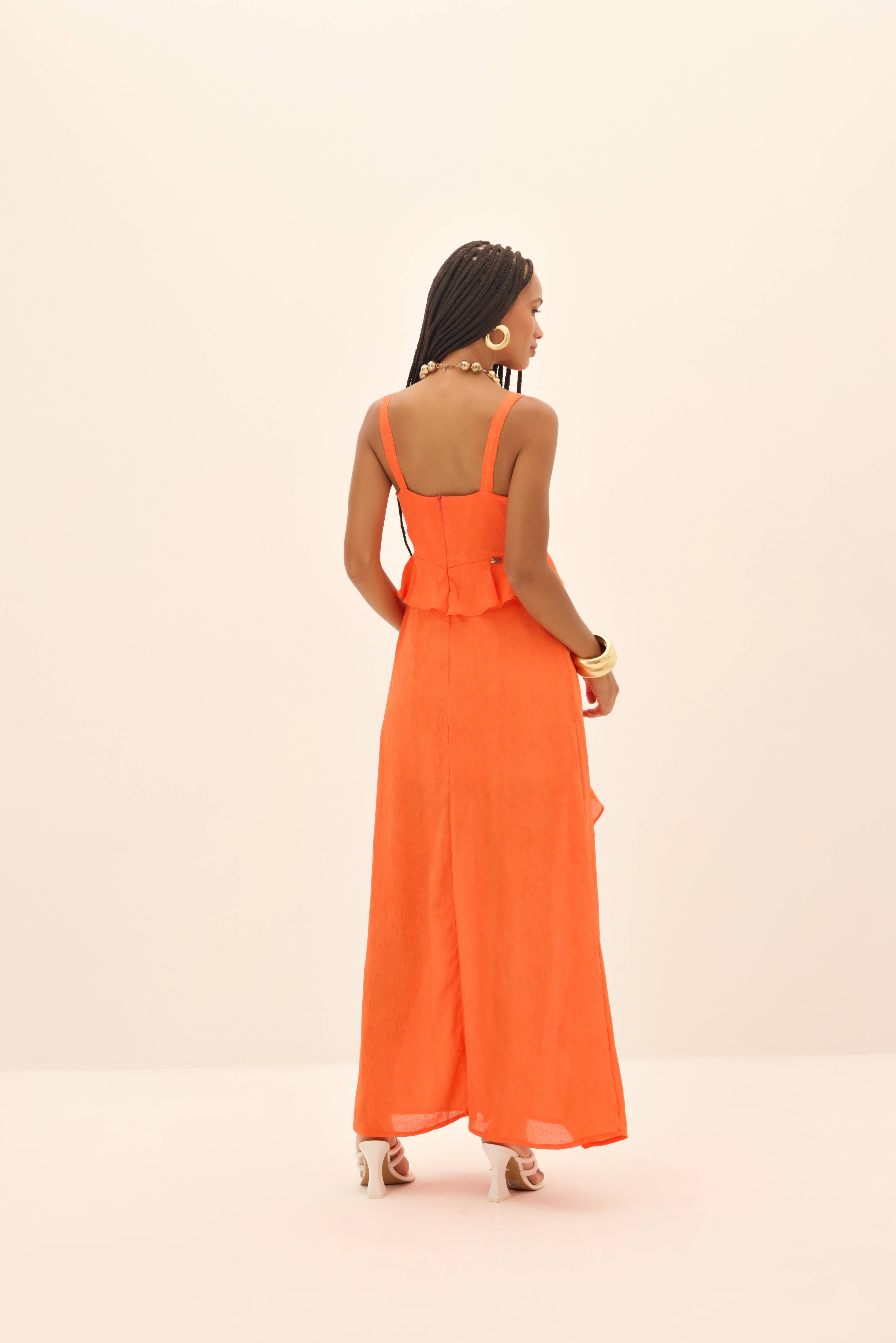 VESTIDO LONGO BABADOS FRONTAIS DE ALÇA