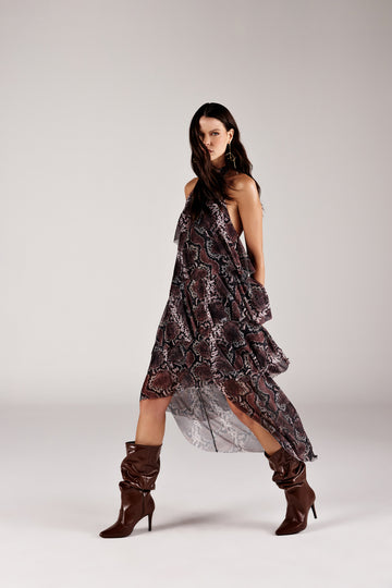 VESTIDO LONGO FEMININO FRENTE UNICA  ESTAMPADO ONÇA PRETA