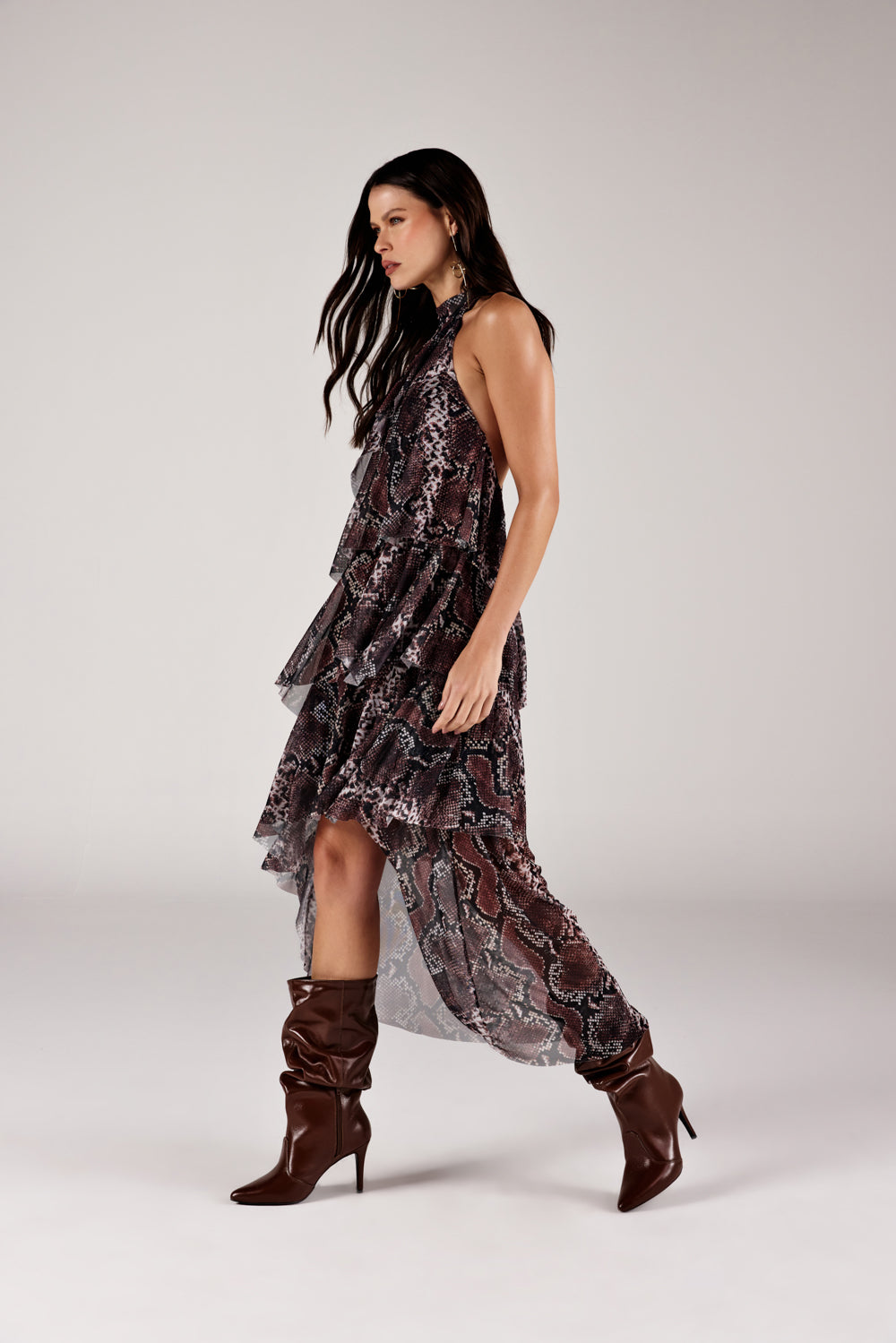 VESTIDO LONGO FEMININO FRENTE UNICA ESTAMPADO ONÇA PRETA