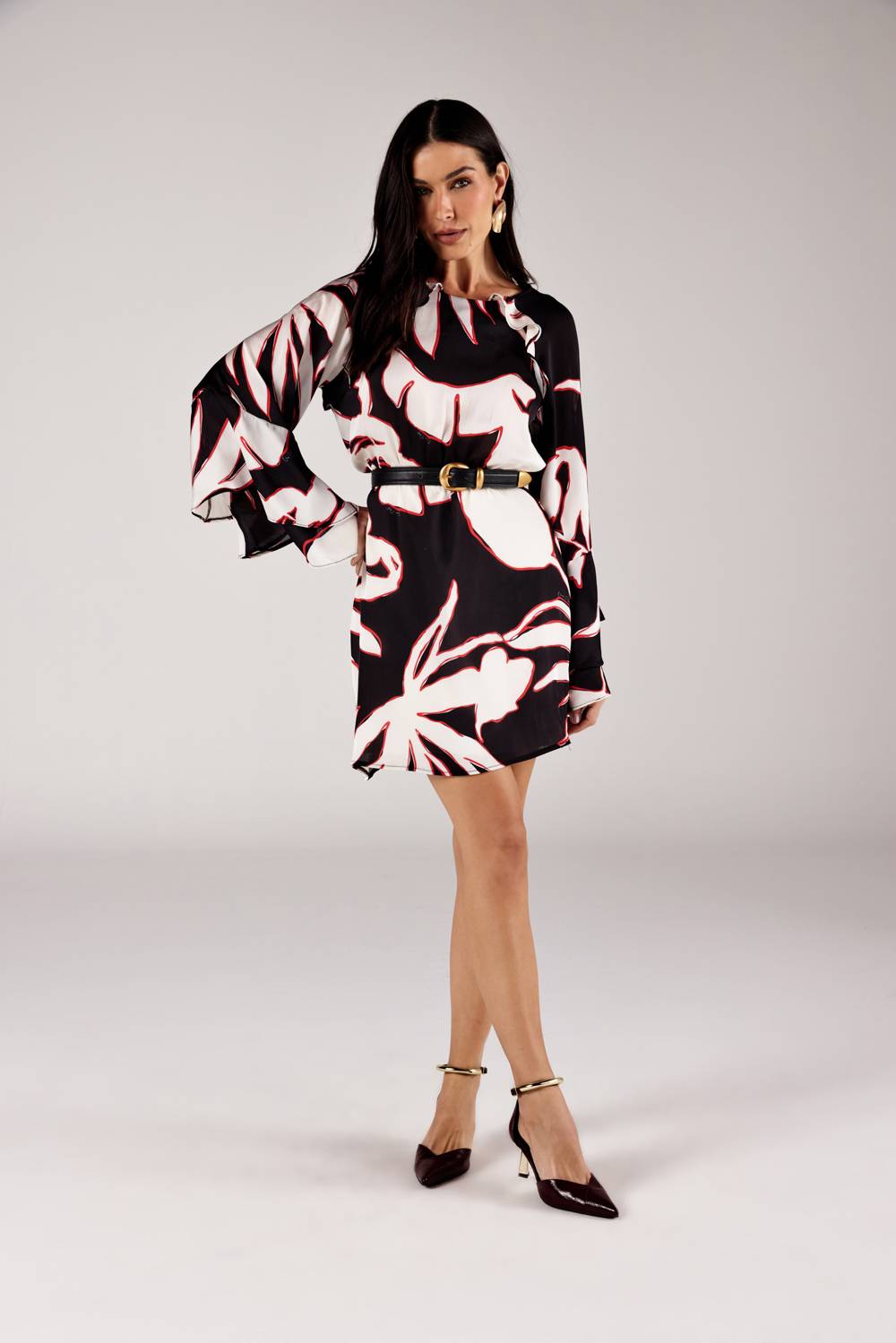 VESTIDO CURTO MANGA AMPLA BABADO BOHO ESTAMPADO