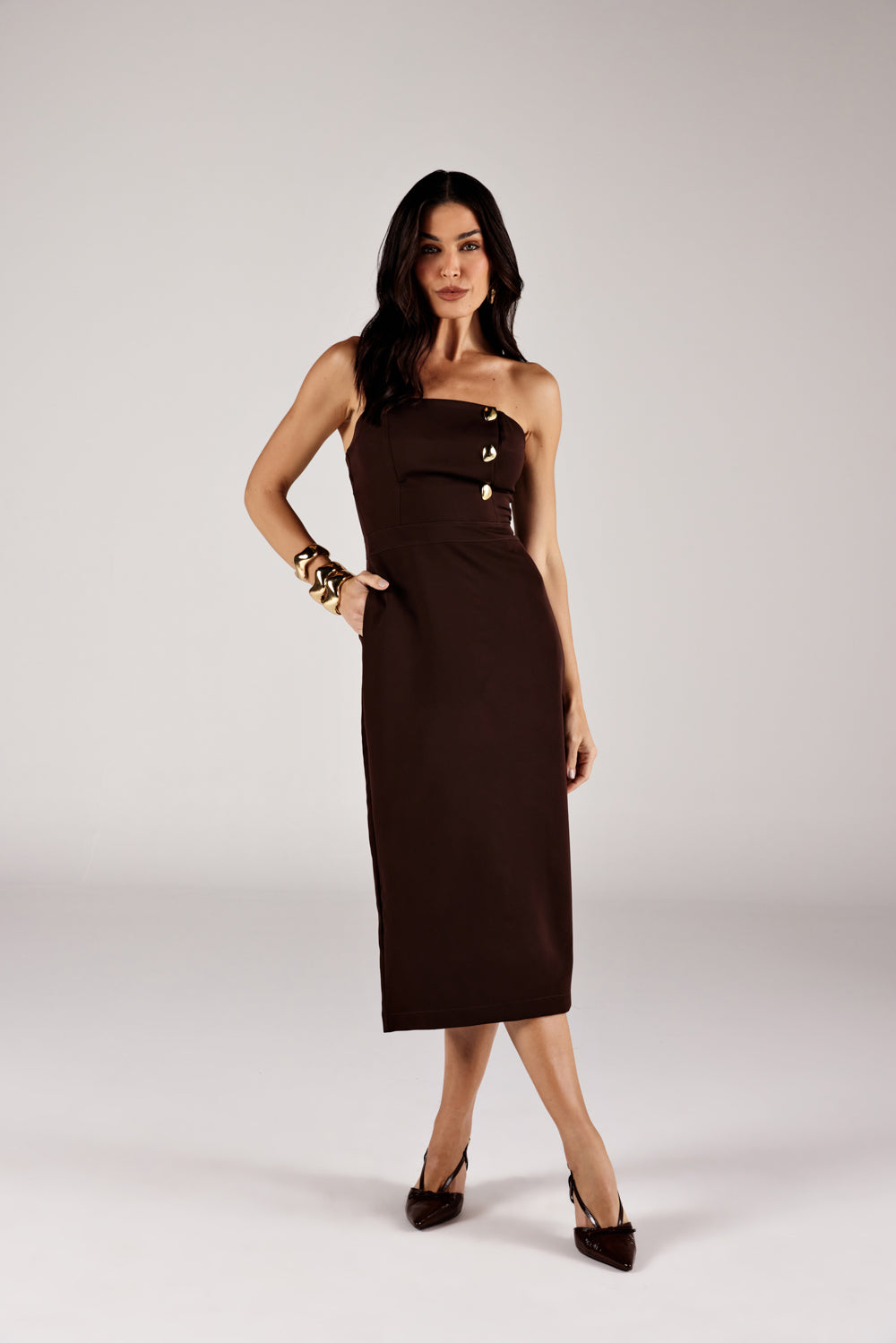VESTIDO MIDI FEMININA ALFAIATARIA TOMARA QUE CAIA ONÇA PRETA