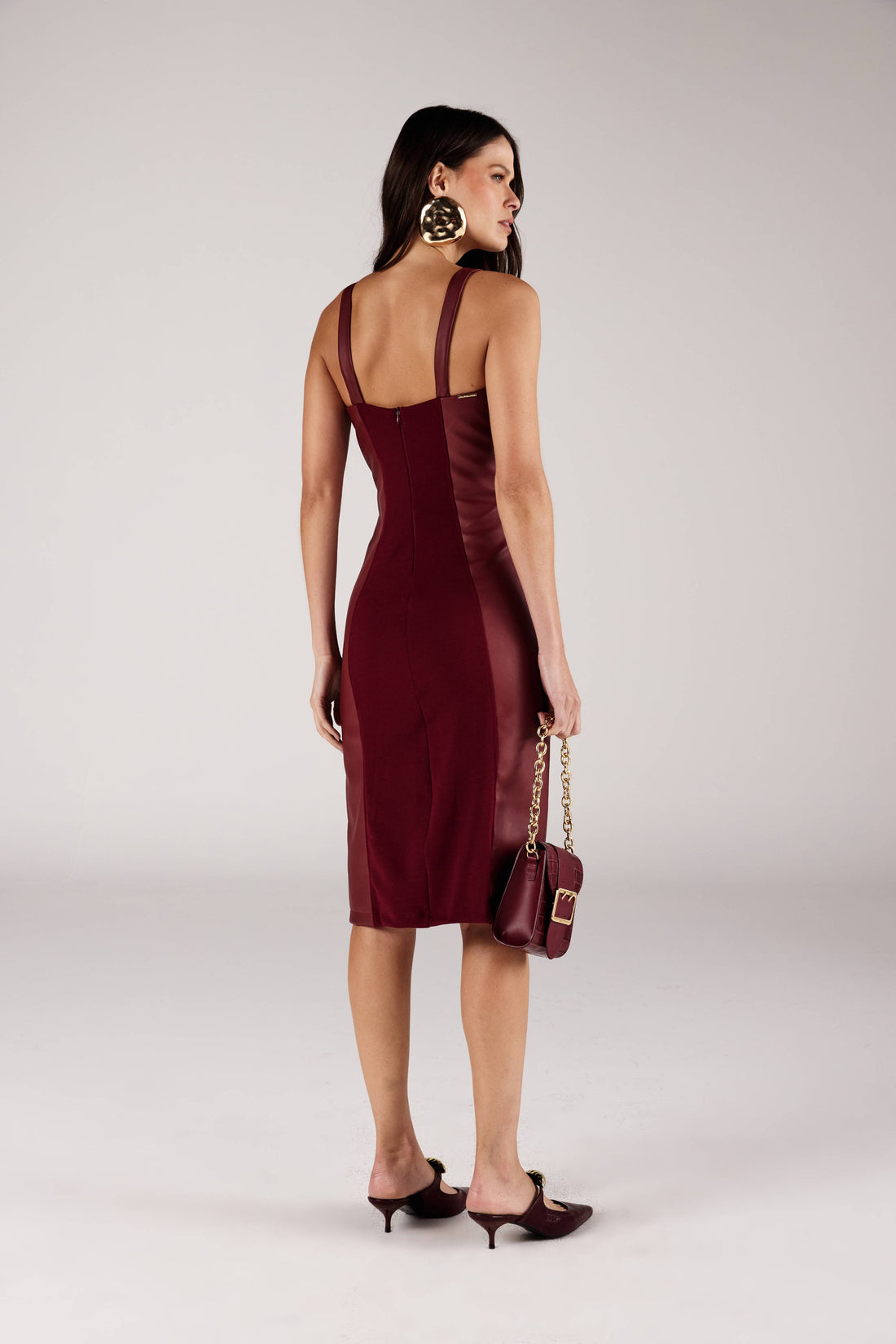 VESTIDO MIDI FEMININA CORSELET MISTURA COM COURO ONÇA PRETA