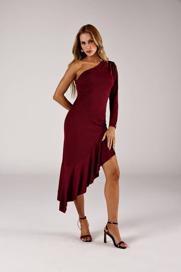 VESTIDO MIDI ASSIMÉTRICO BABADO UM OMBRO SÓ