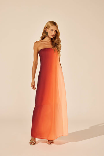 Vestido longo tomara que caia degradê, look de frente Onça Preta