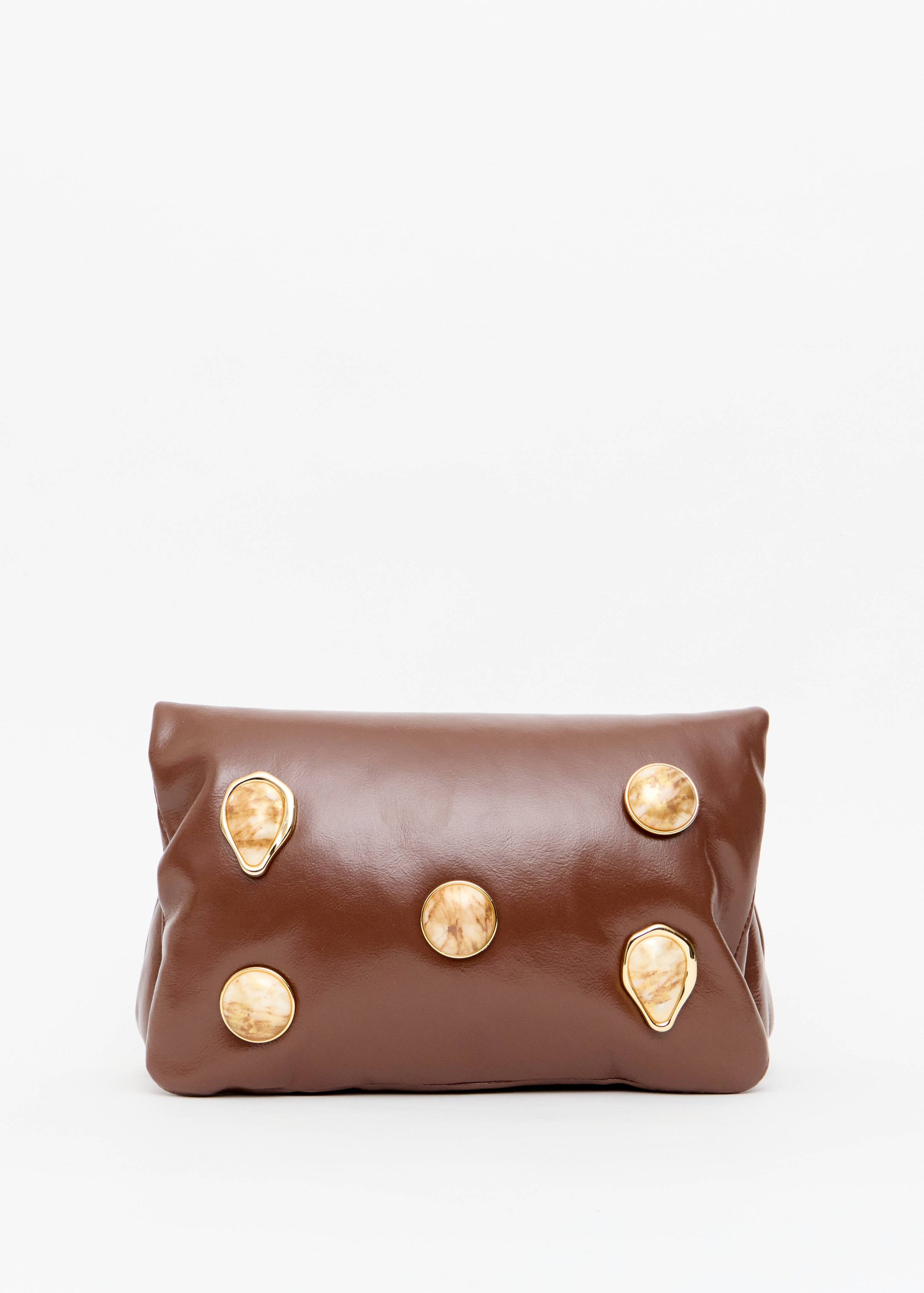 Bolsa tira colo pedraria caseina chocolate frente - Onça Preta
