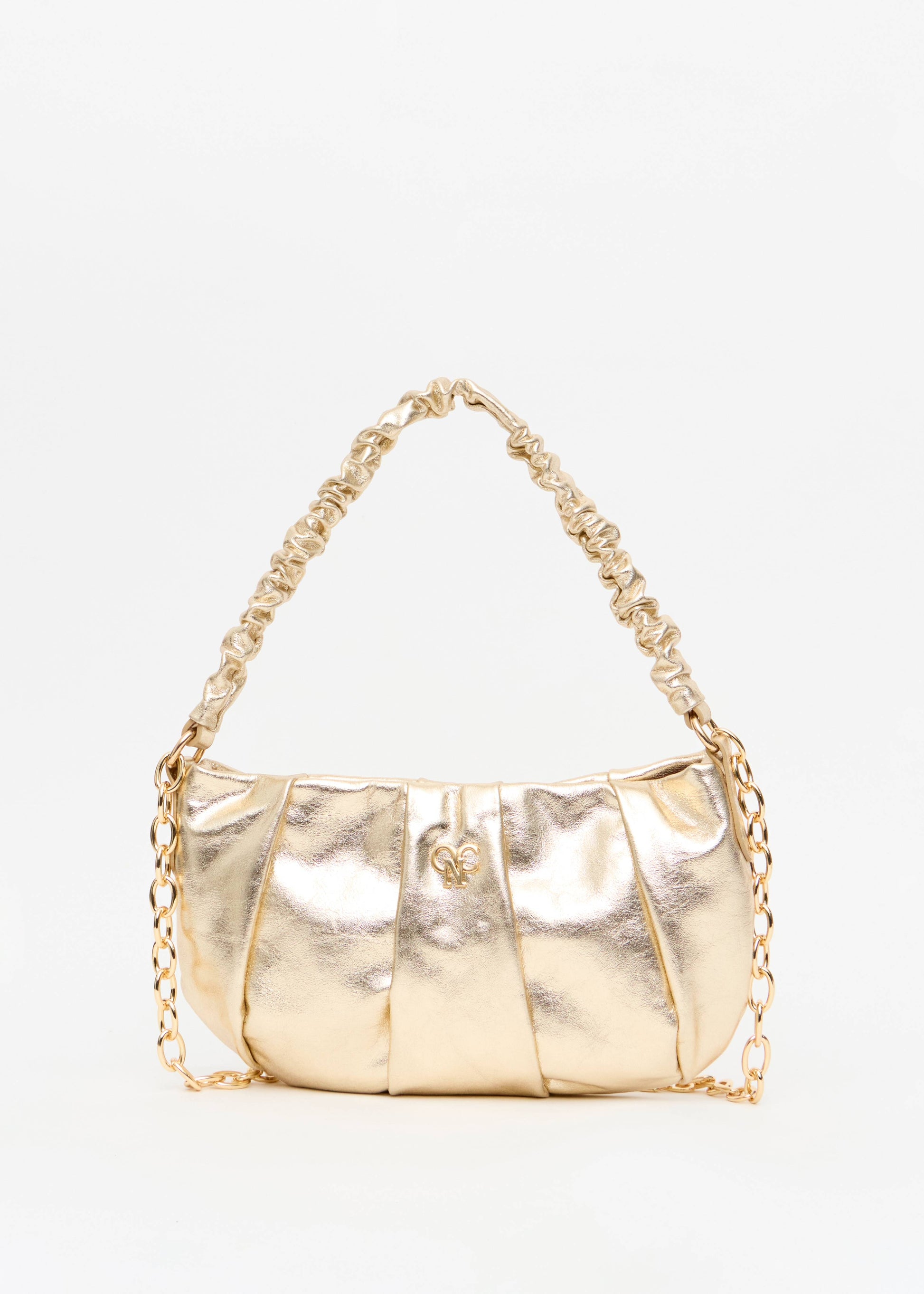 Bolsa feminina franzida dourada monograma OP dourado Onça Preta
