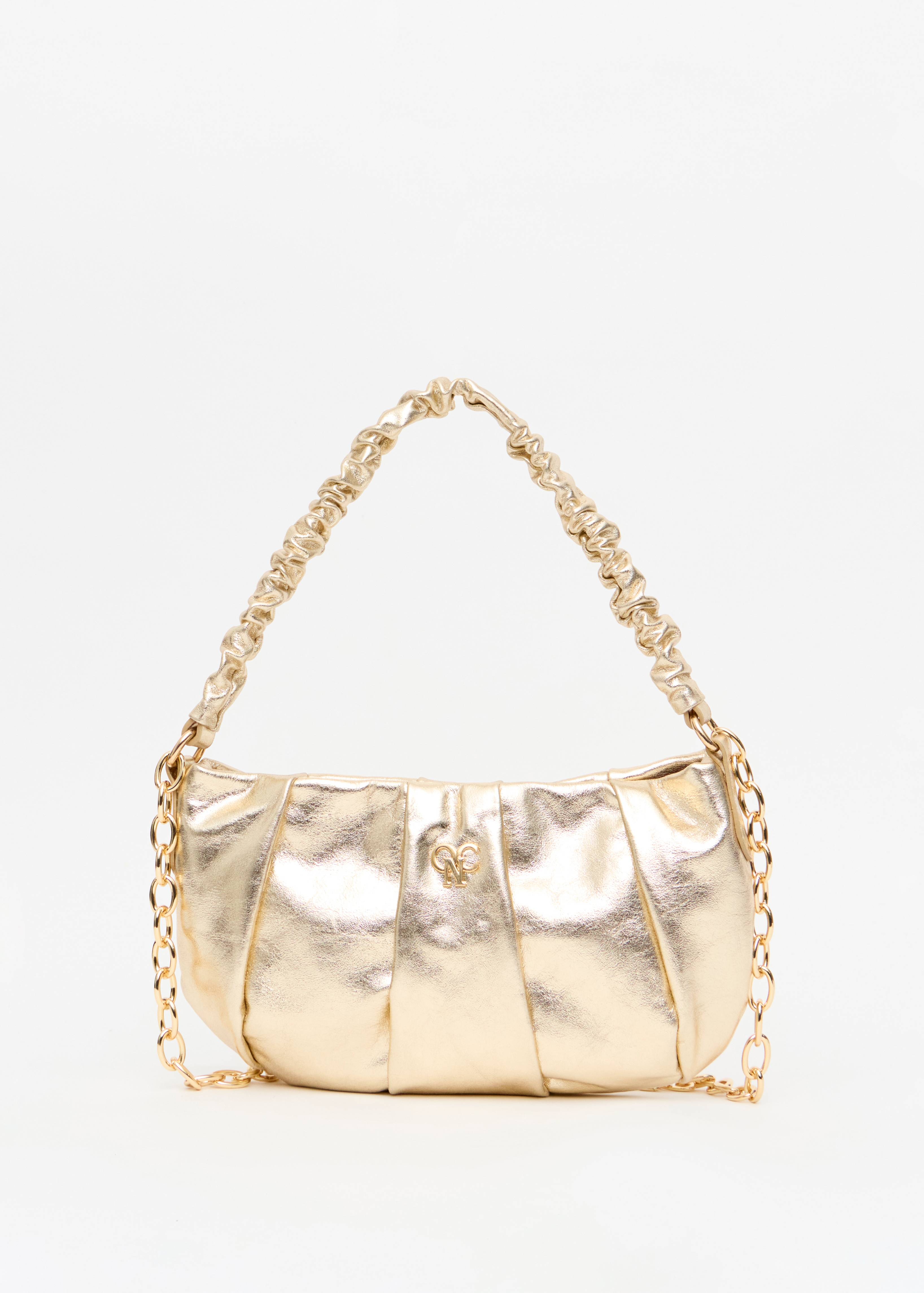 Bolsa feminina franzida dourada monograma OP dourado Onça Preta
