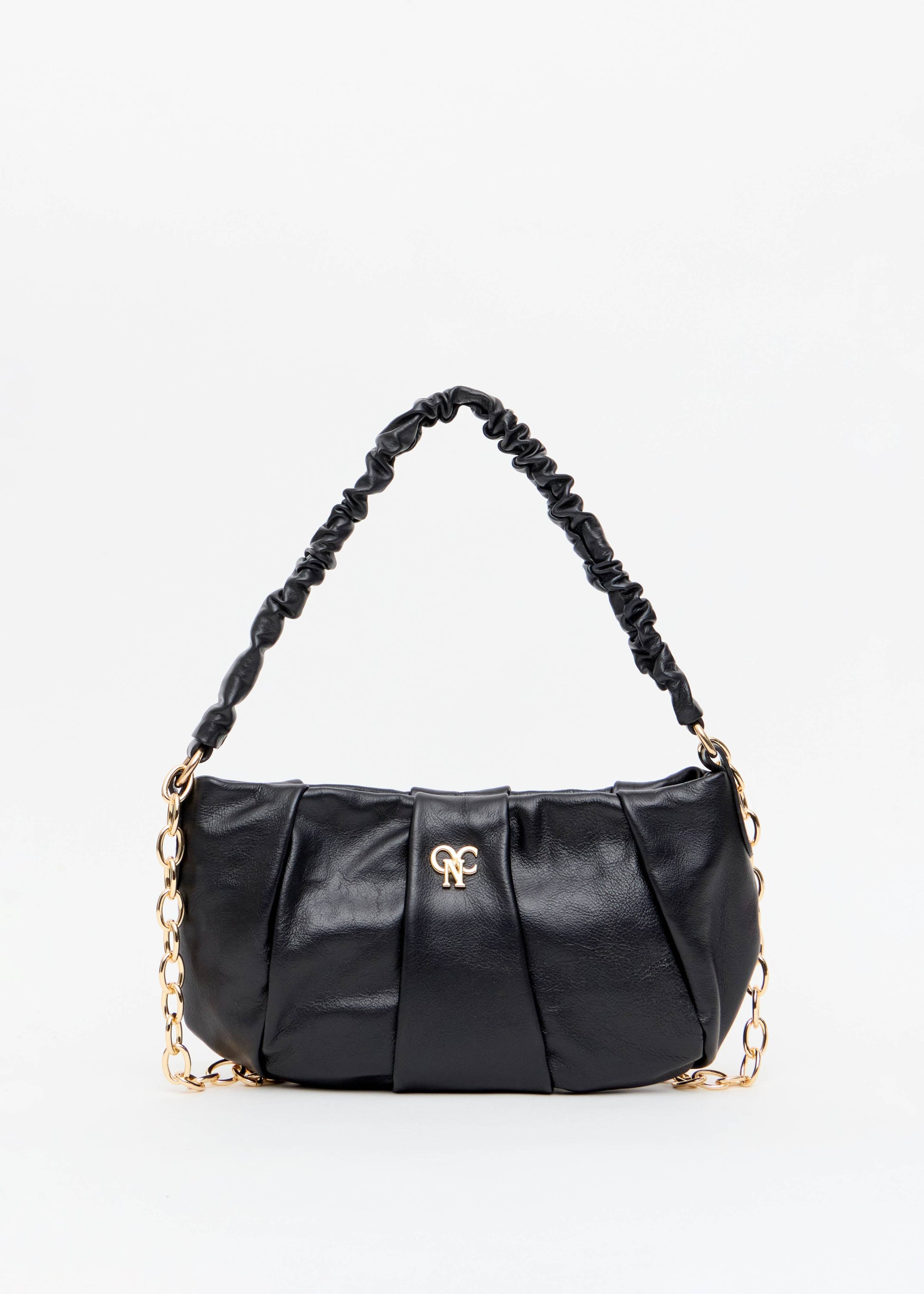 Bolsa feminina franzida preta monograma OP dourado Onça Preta