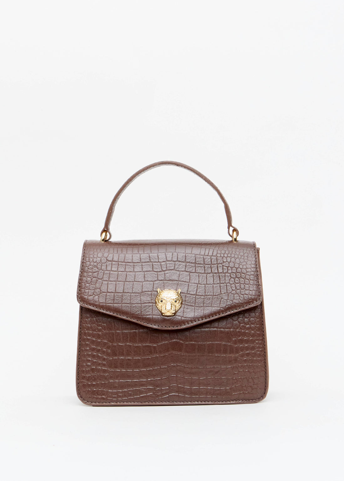 Bolsa feminina croco alca de mao marrom fecho onca dourada Onça Preta