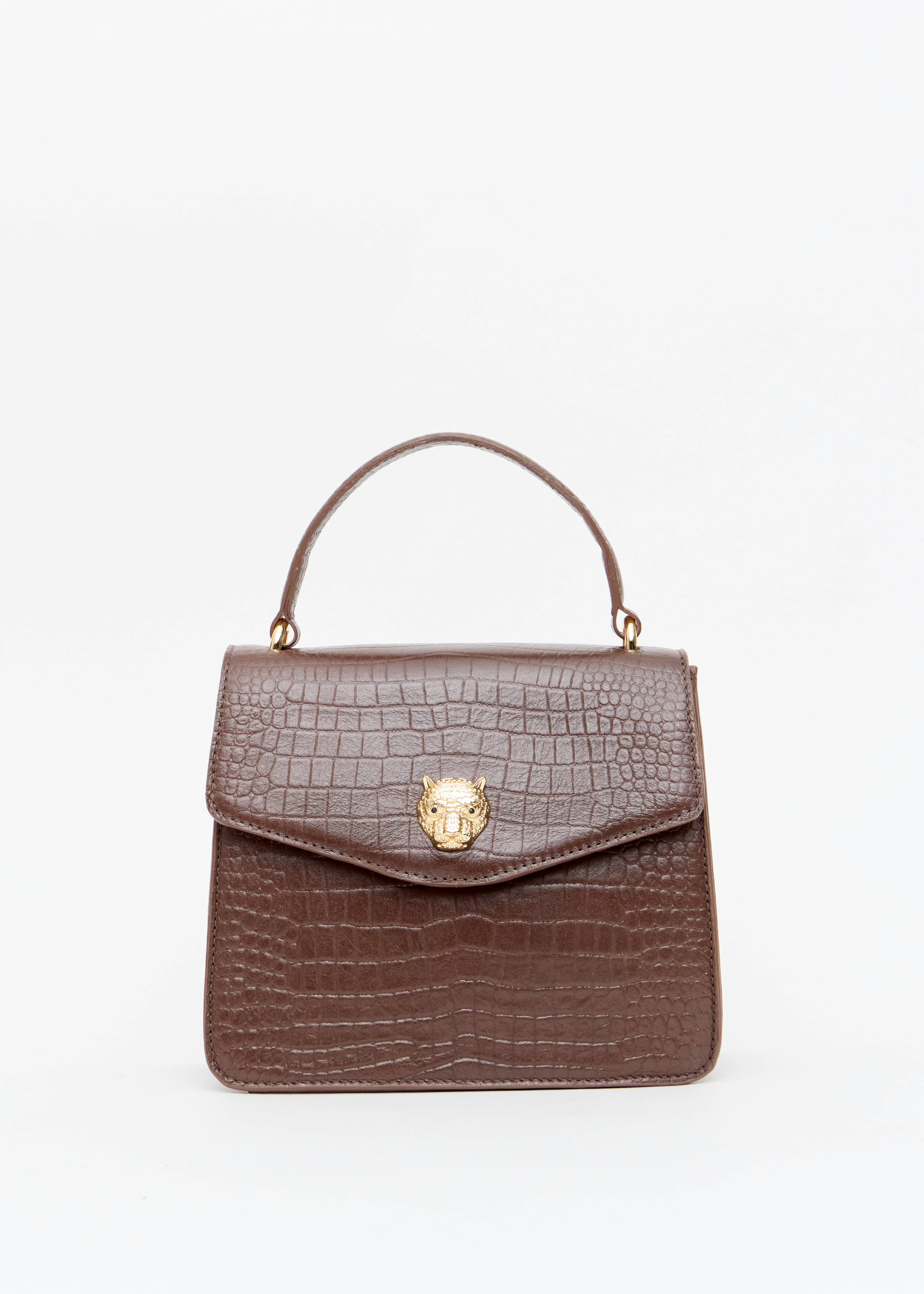 Bolsa feminina croco alca de mao marrom fecho onca dourada Onça Preta